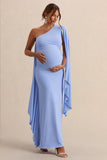 Shanae Light Blue Asymmetric Neck Maternity Maxi Dress With Cape Sleeve And Gathered Detailing