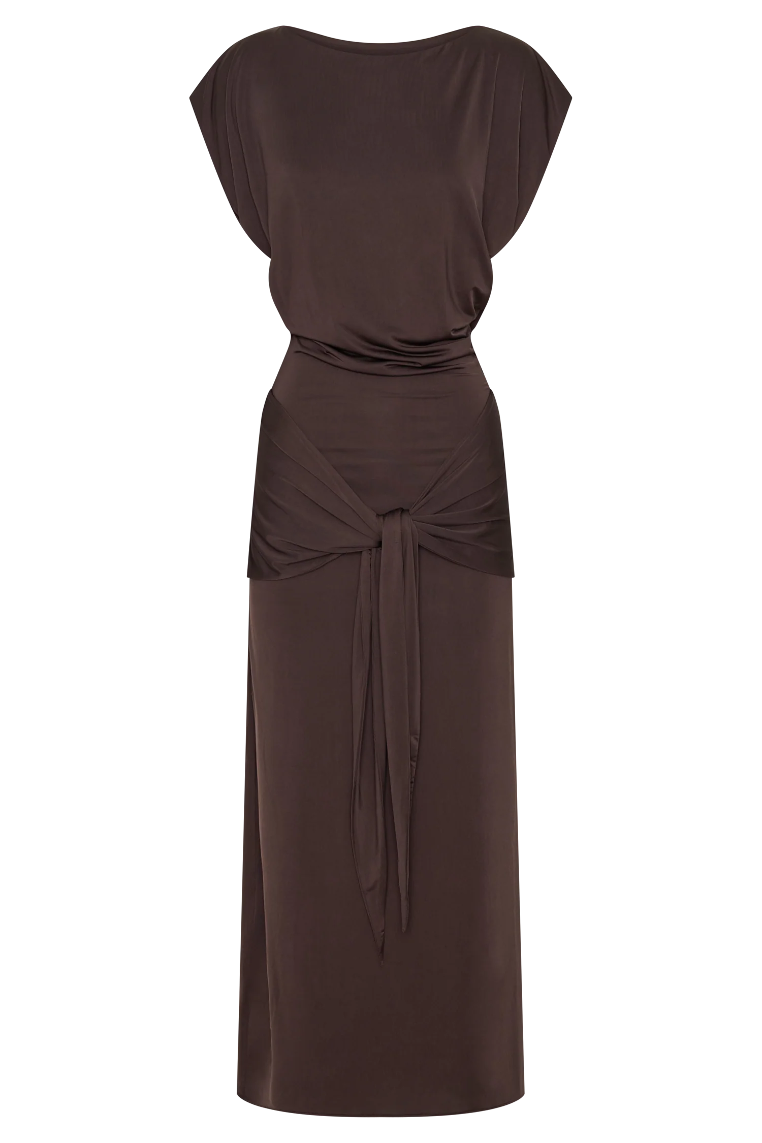 Maiara Shortsleeve Slinky Tie Maxi Dress Chocolate