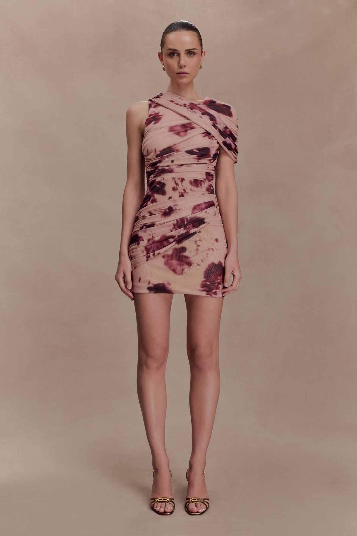 Adrienne One Shoulder Mesh Mini Dress Nude Blurred Floral Print