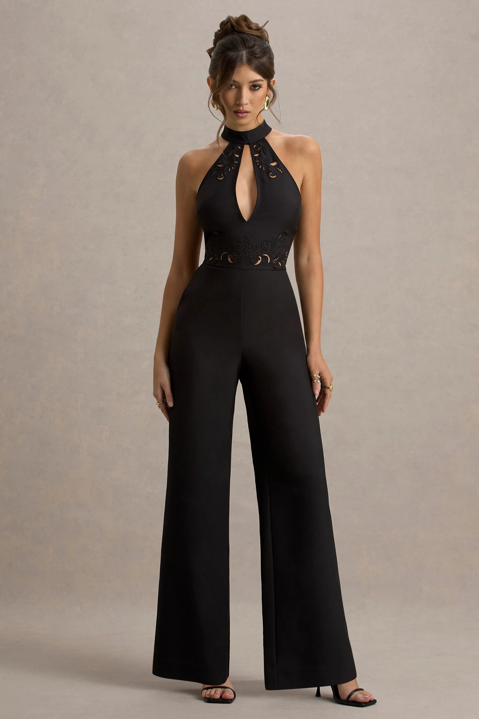 Kami Black High Neck Embroidered Jumpsuit