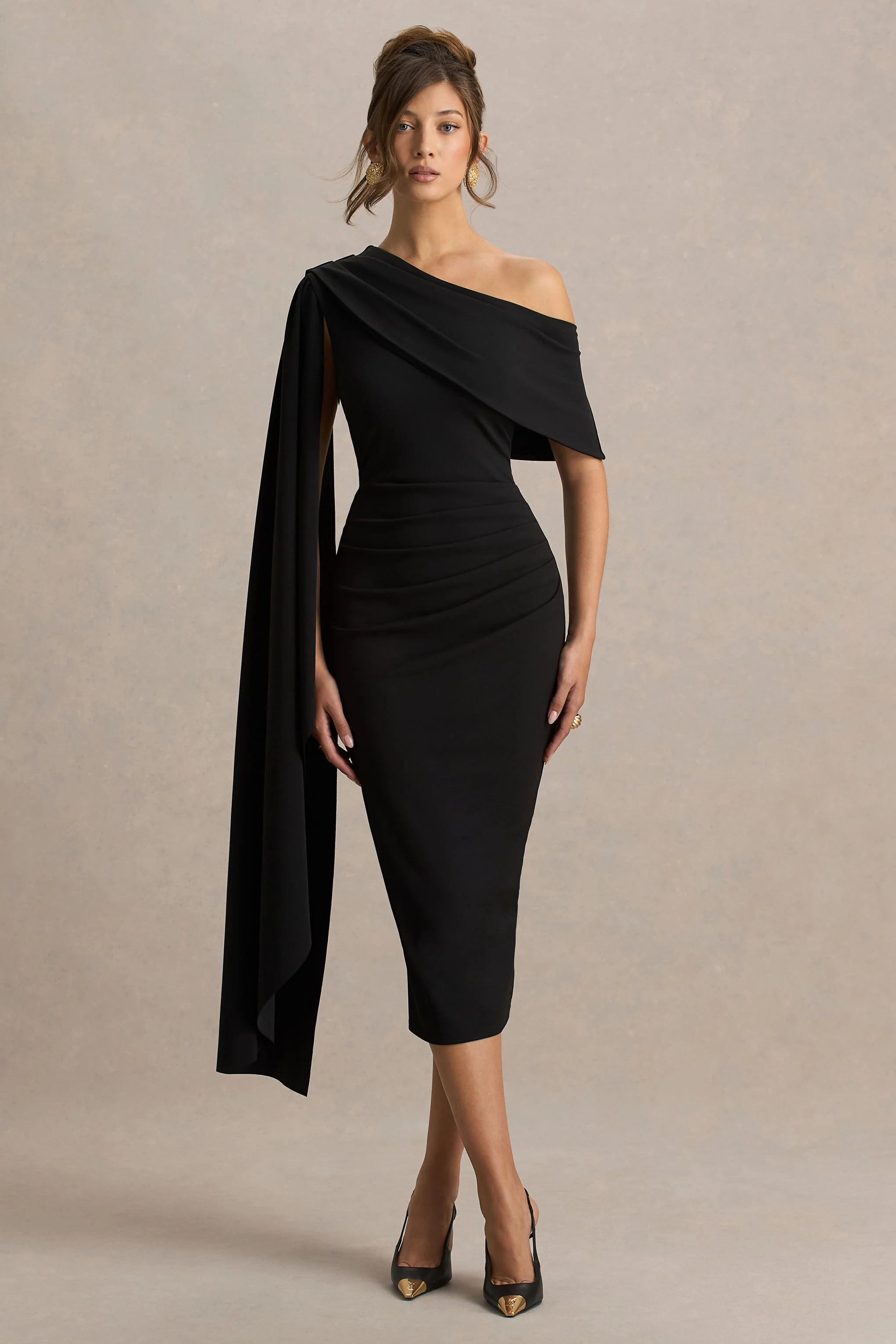 Leah Black Asymmetric Neck Midi Dress With Cape Sleeve