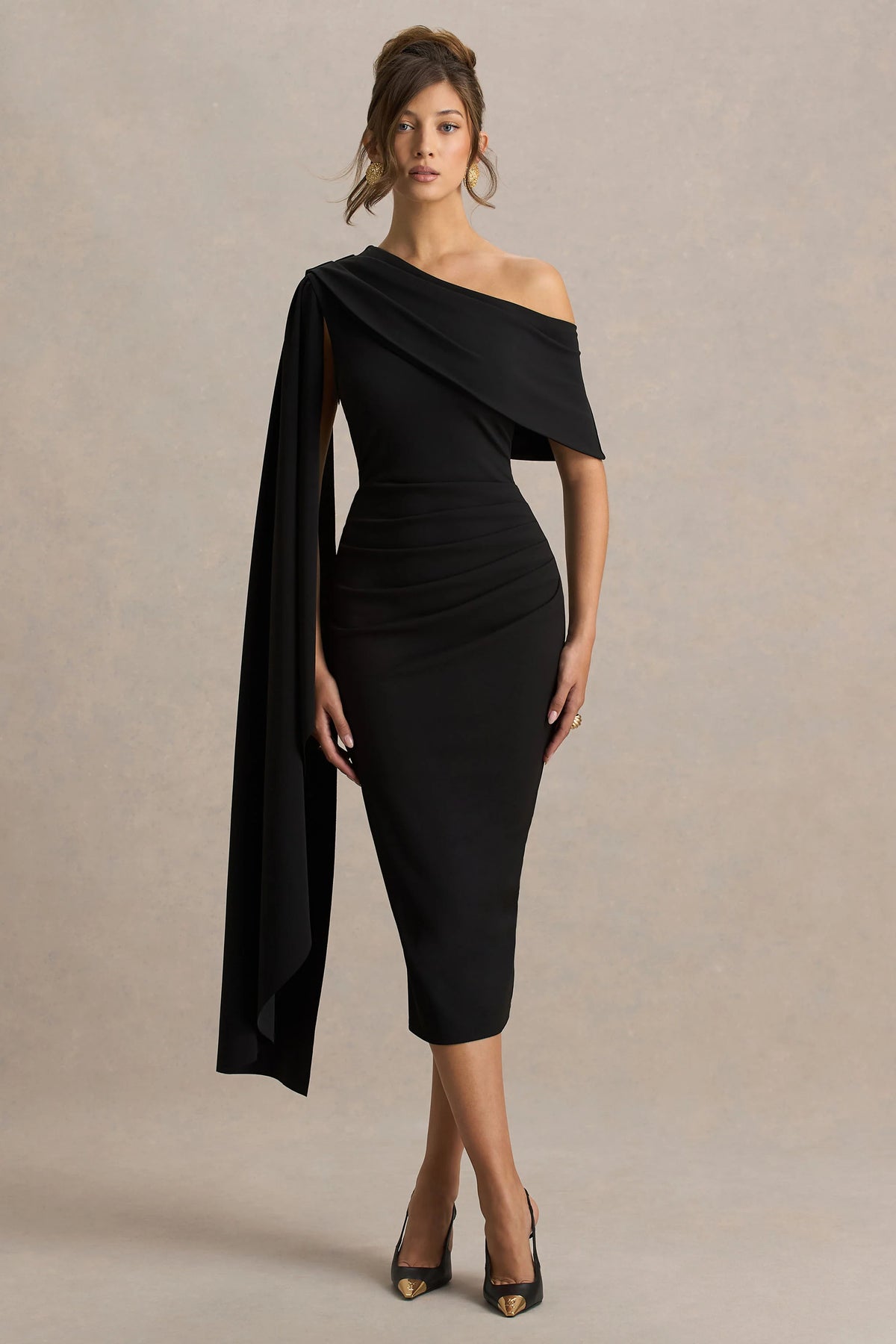 Leah Black Asymmetric Neck Midi Dress With Cape Sleeve
