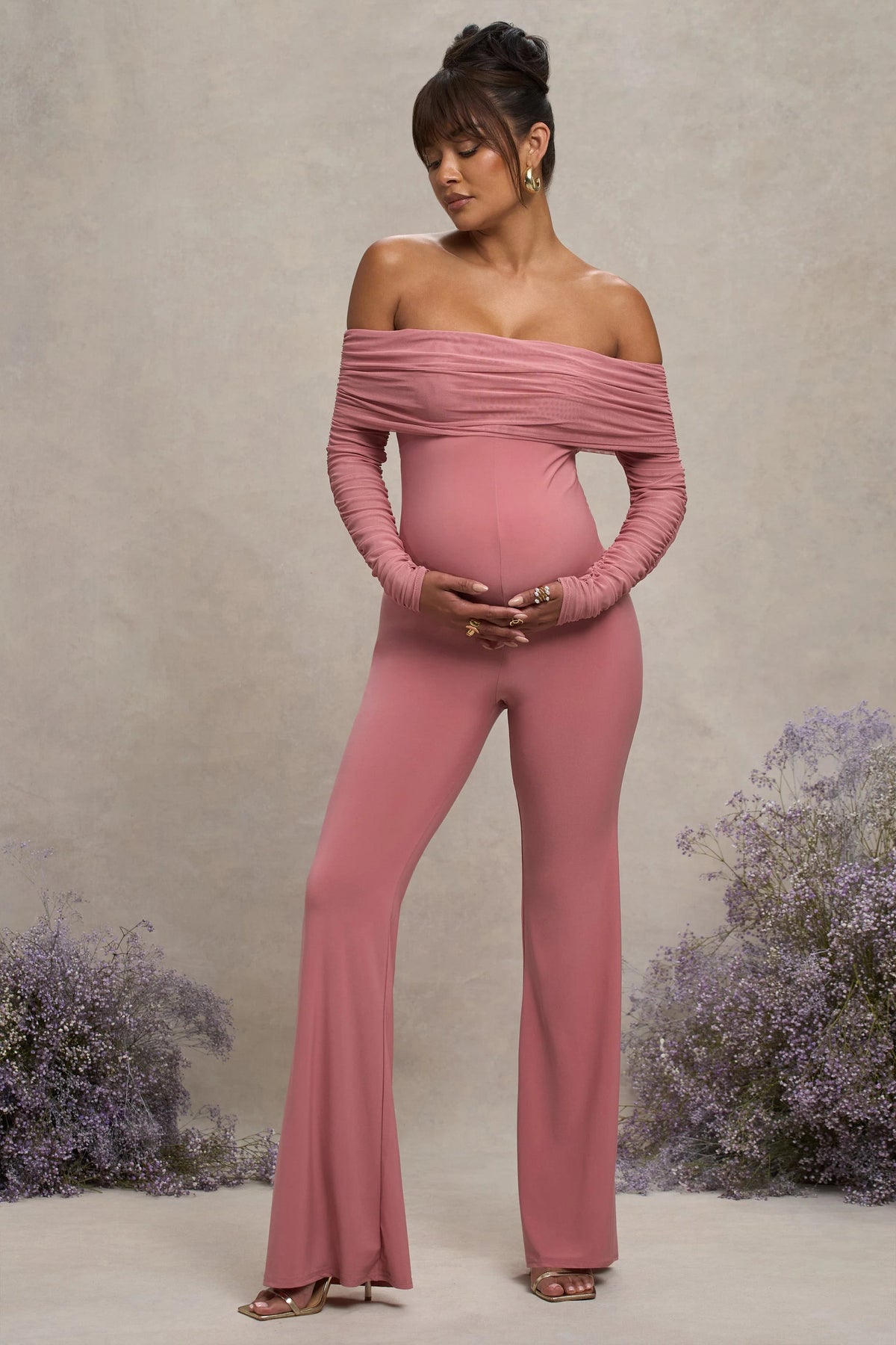 Count Down Blush Pink Maternity Ruched Mesh Bardot Jumpsuit