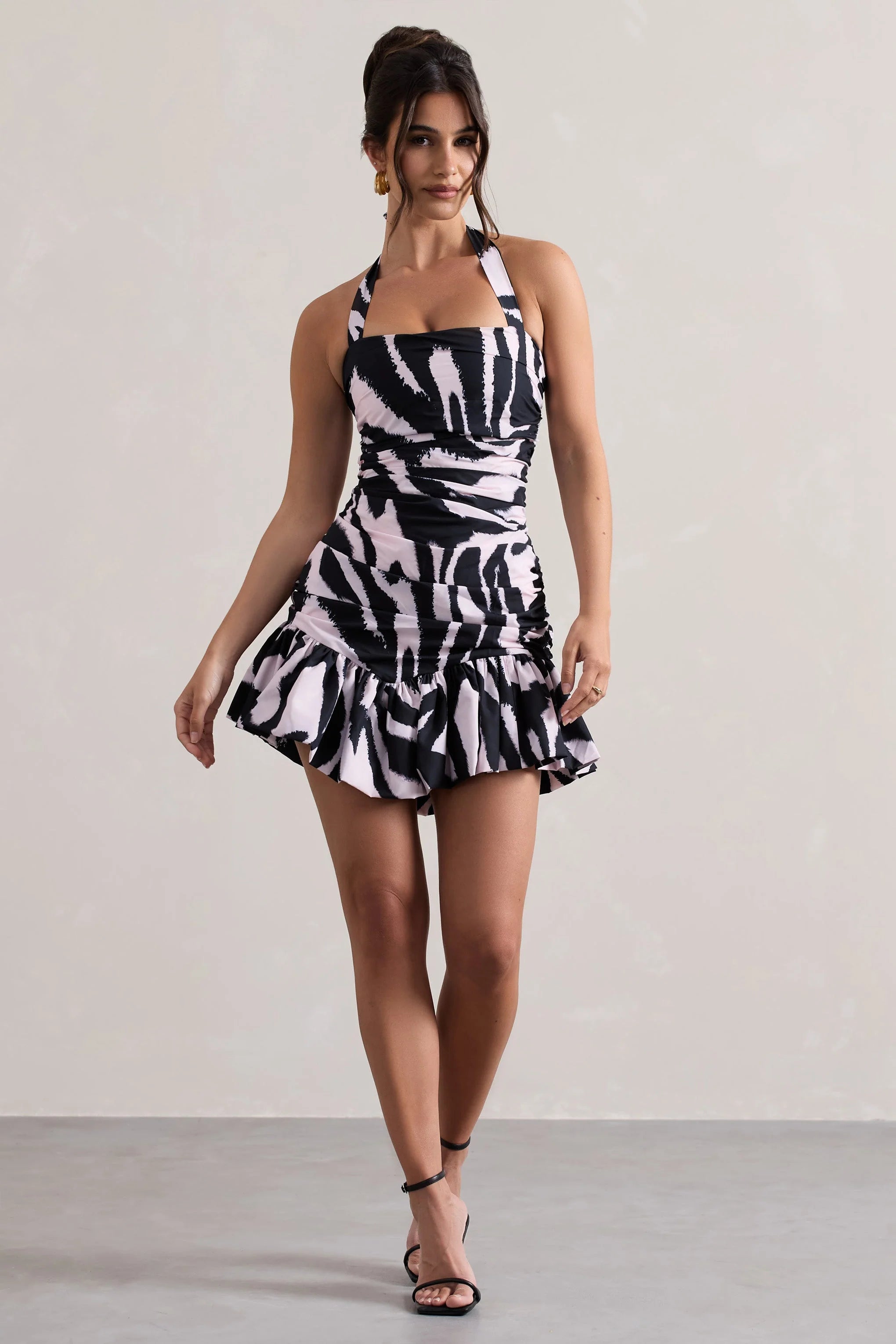 Zahra Zebra Print Halter Neck Ruched Mini Dress With Ruffle Hem