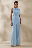 Quinley Powder Blue Asymmetric Neck Jumpsuit With Cape Sleeve