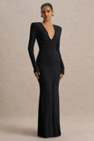 Jewel Black Plunge Neck Maxi Dress With Front Split and Ruched Detailing