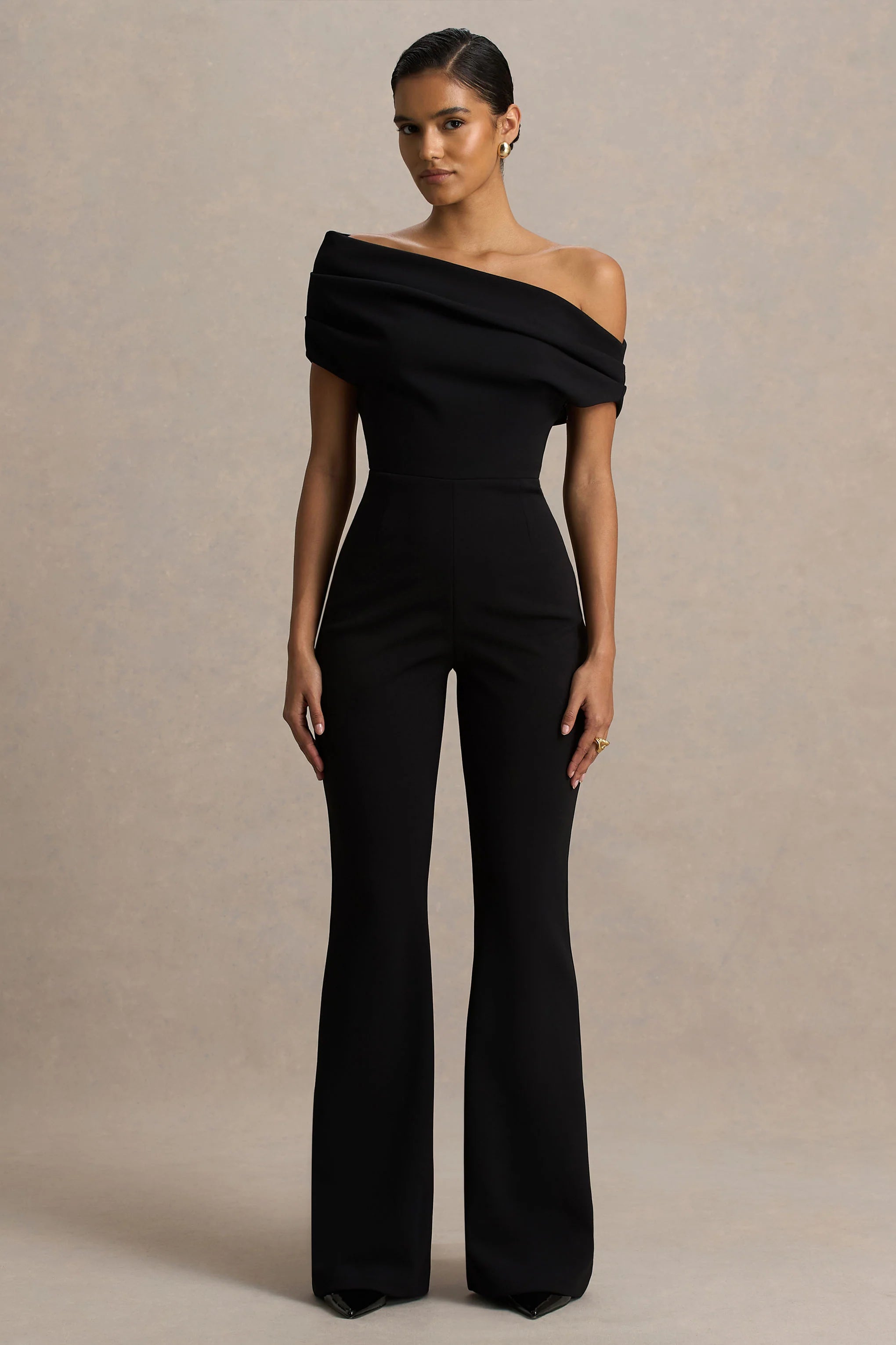 Alexandra Black Asymmetric Neck Draped Jumpsuit