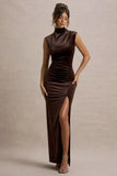 Abilene Chocolate Velvet High Neck Split Maxi Dress