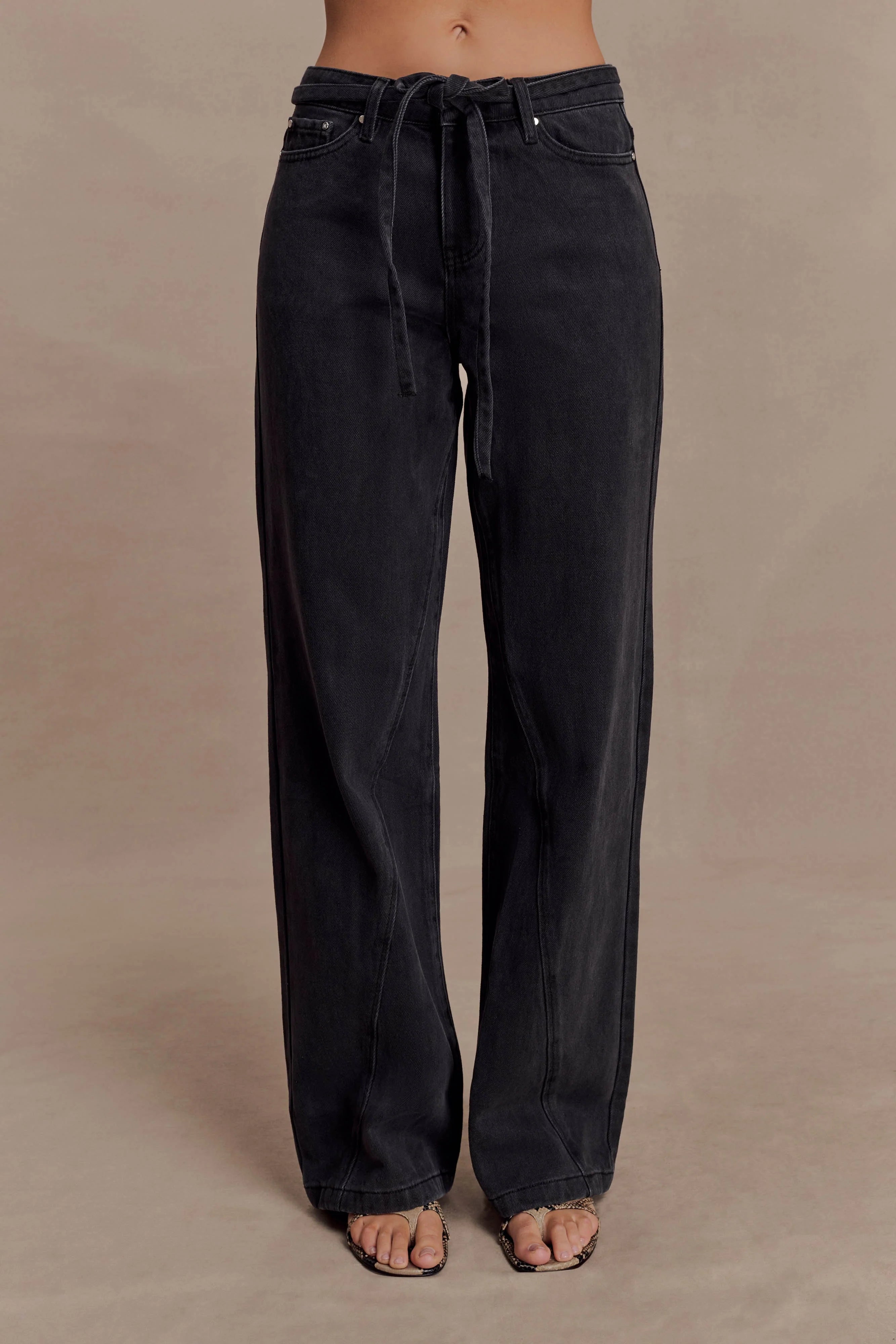Perrie Mid Rise Straight Leg Tie Jeans Washed Black