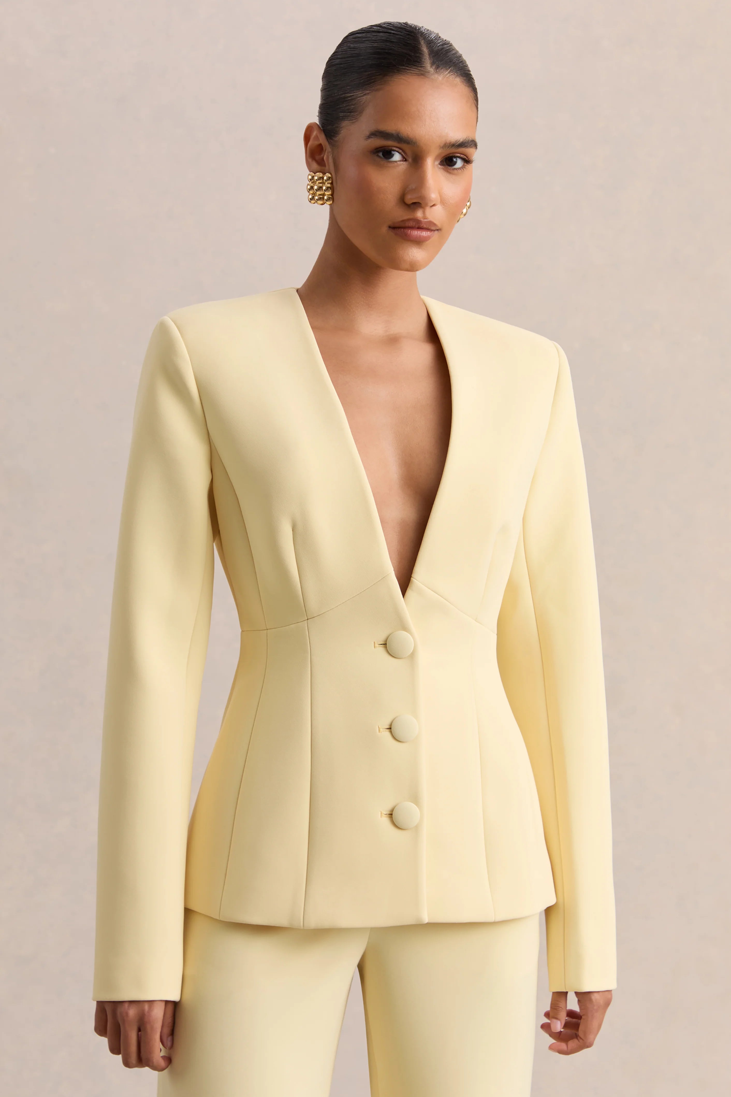 Rosalina Lemon Extreme Plunge Neck Tailored Blazer