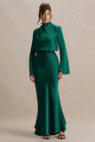 Celina Bottle Green Satin High Neck Maxi Dress