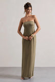 Azra Olive Satin Bandeau Maxi Dress