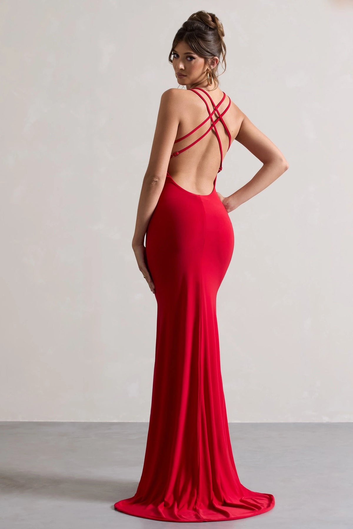 Lucky Day Red Cross Over Back Fishtail Maxi Dress
