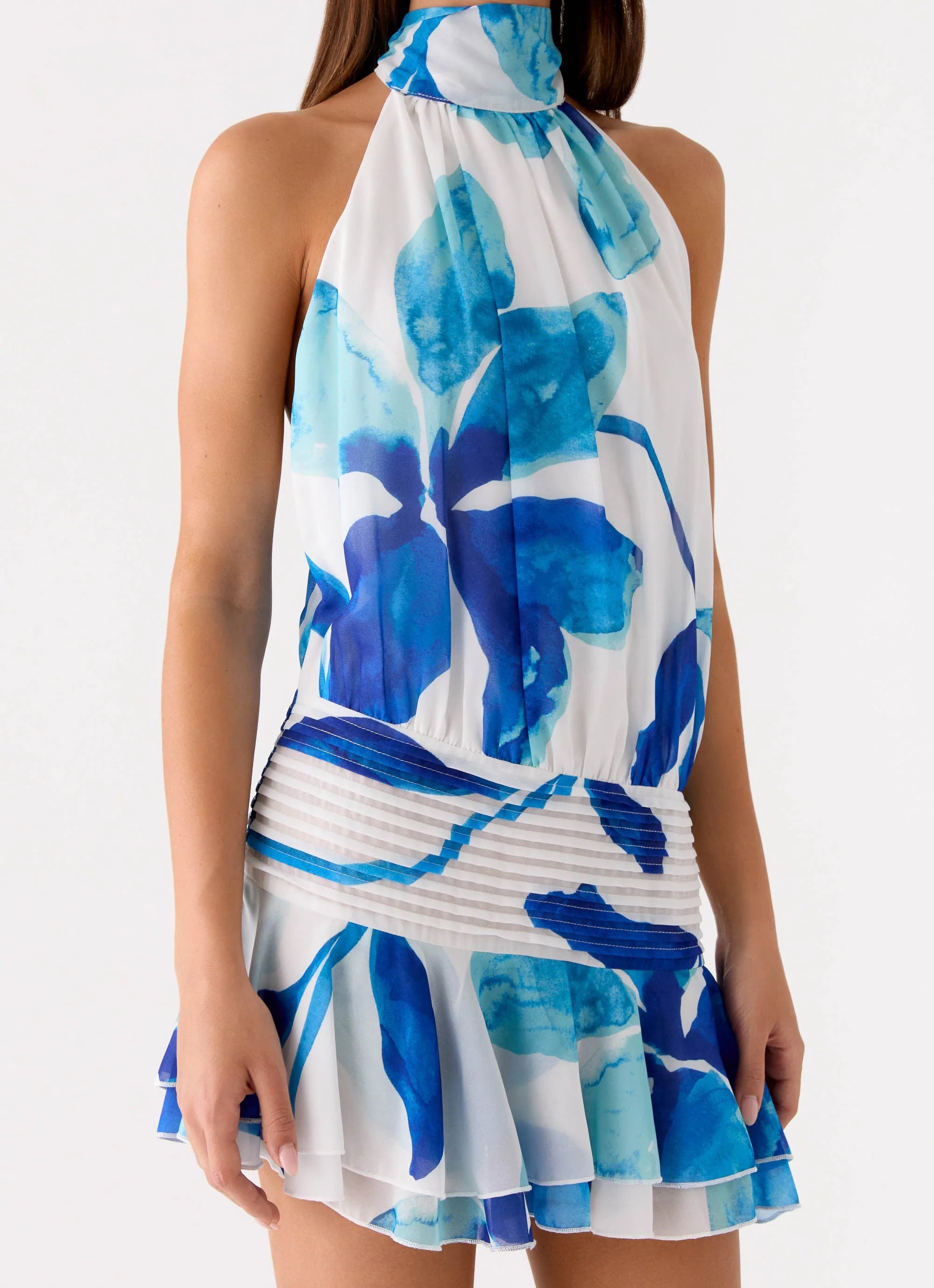 Willow Chiffon Mini Dress Cerulean Bloom