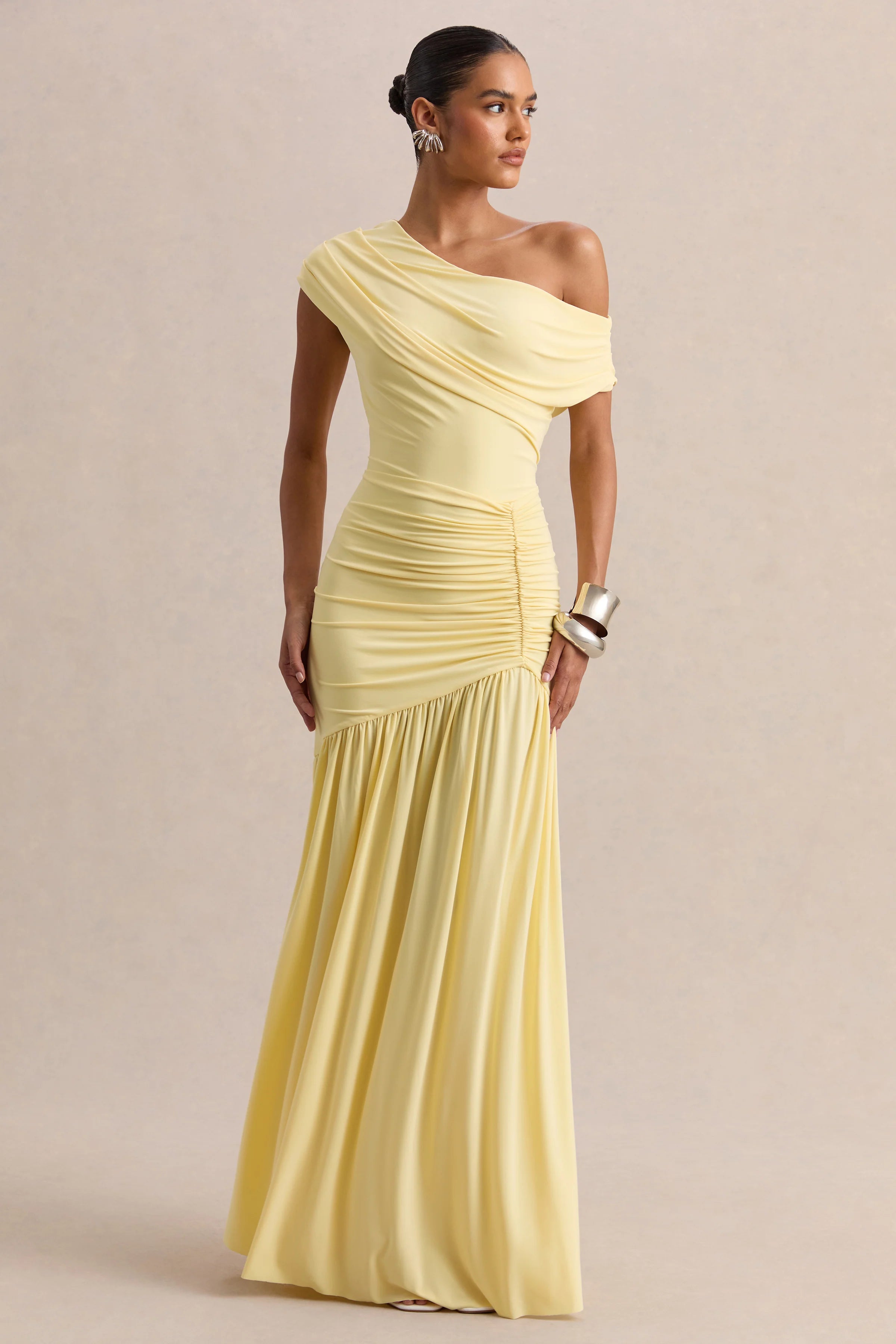 Kady Lemon Asymmetric Neck Maxi Dress With Ruched Detailing