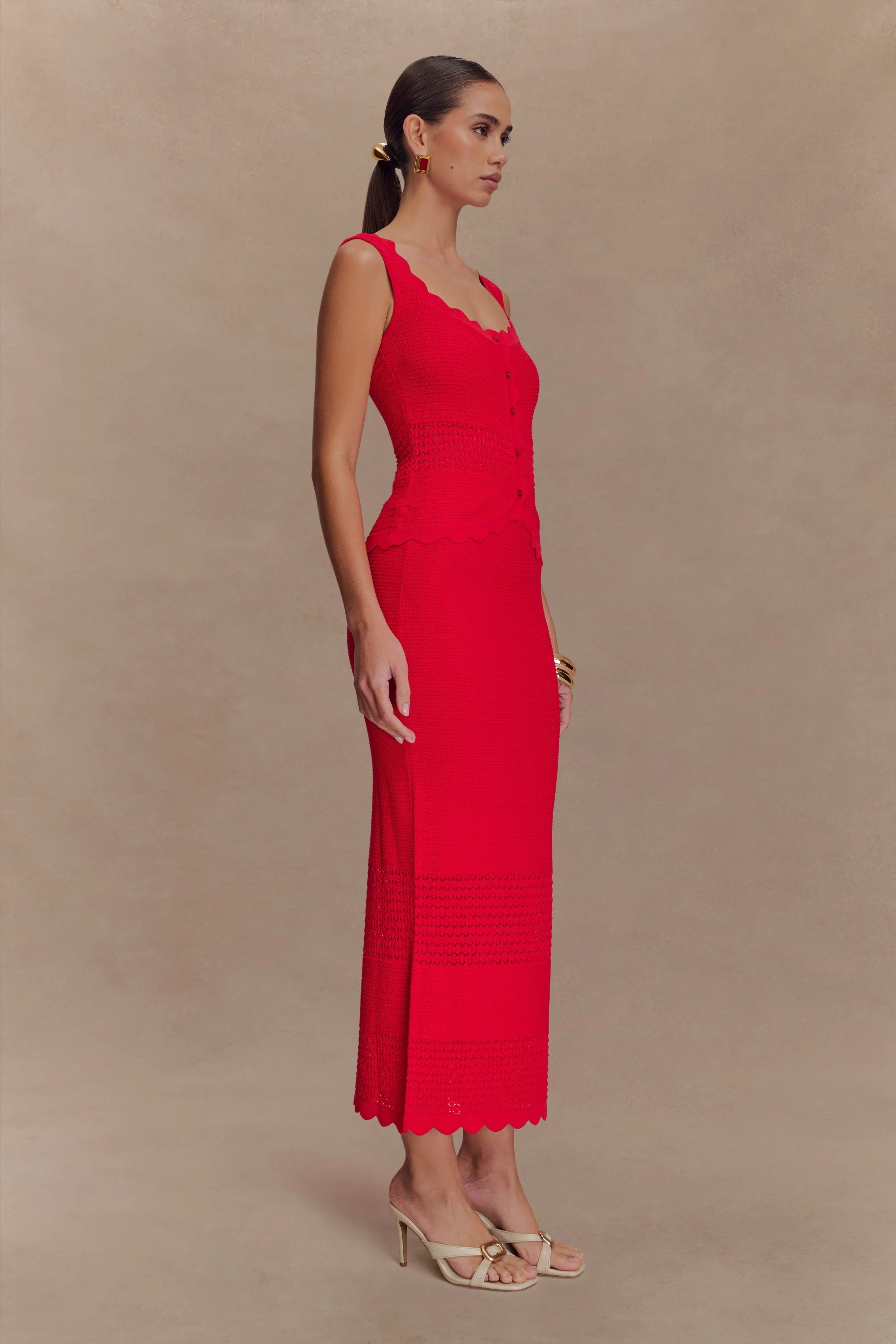Madeline Scallop Knit Midi Skirt Red