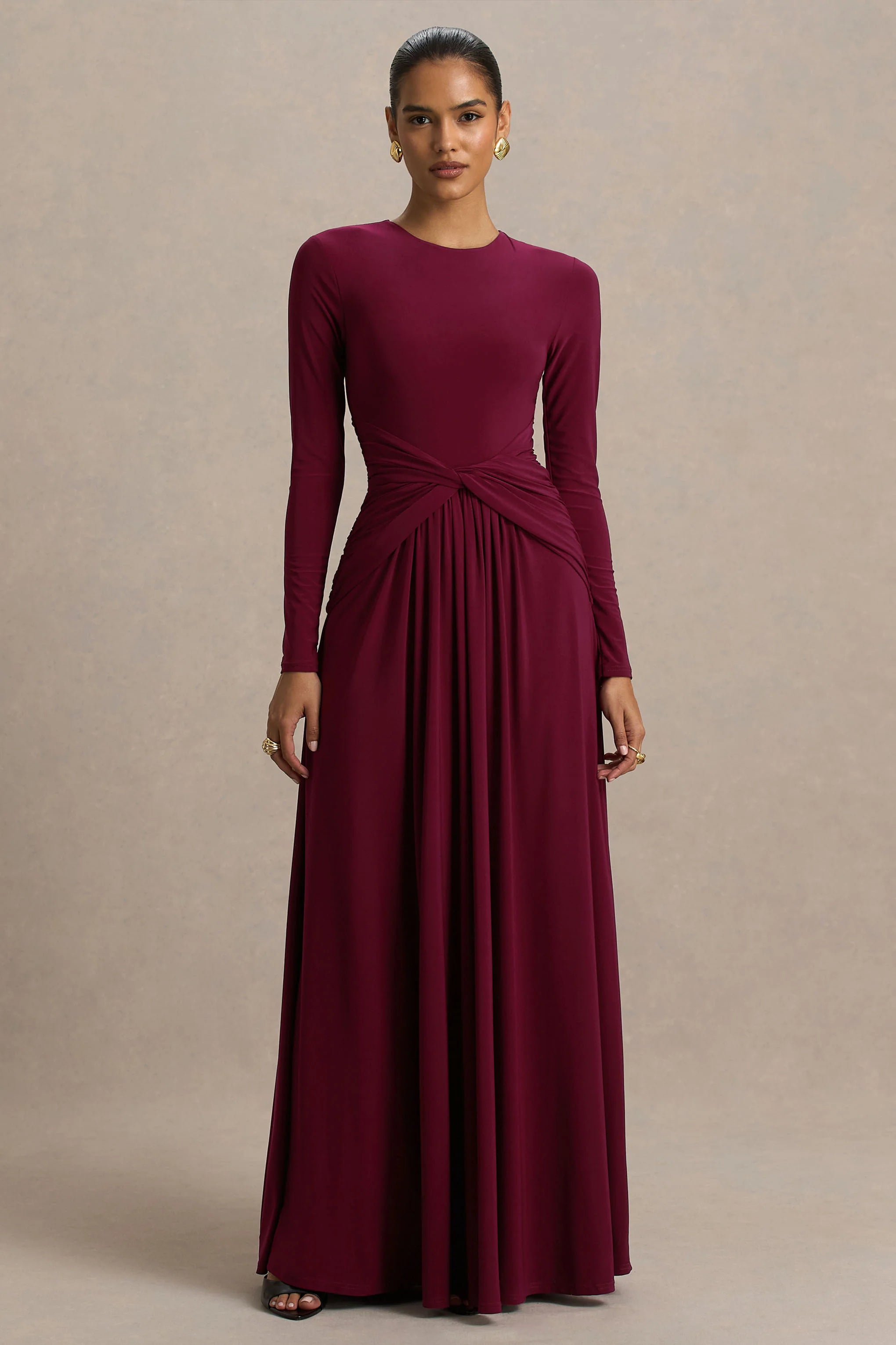 Estrella Berry High Neck Maxi Dress With Ruched Detailing