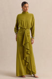 Perla Olive High Neck Maxi Dress With Gathered Detailing