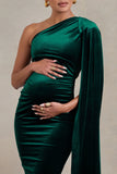 Amaryllis Bottle Green Velvet Maternity One Shoulder Maxi Dress with Cape Sleeve