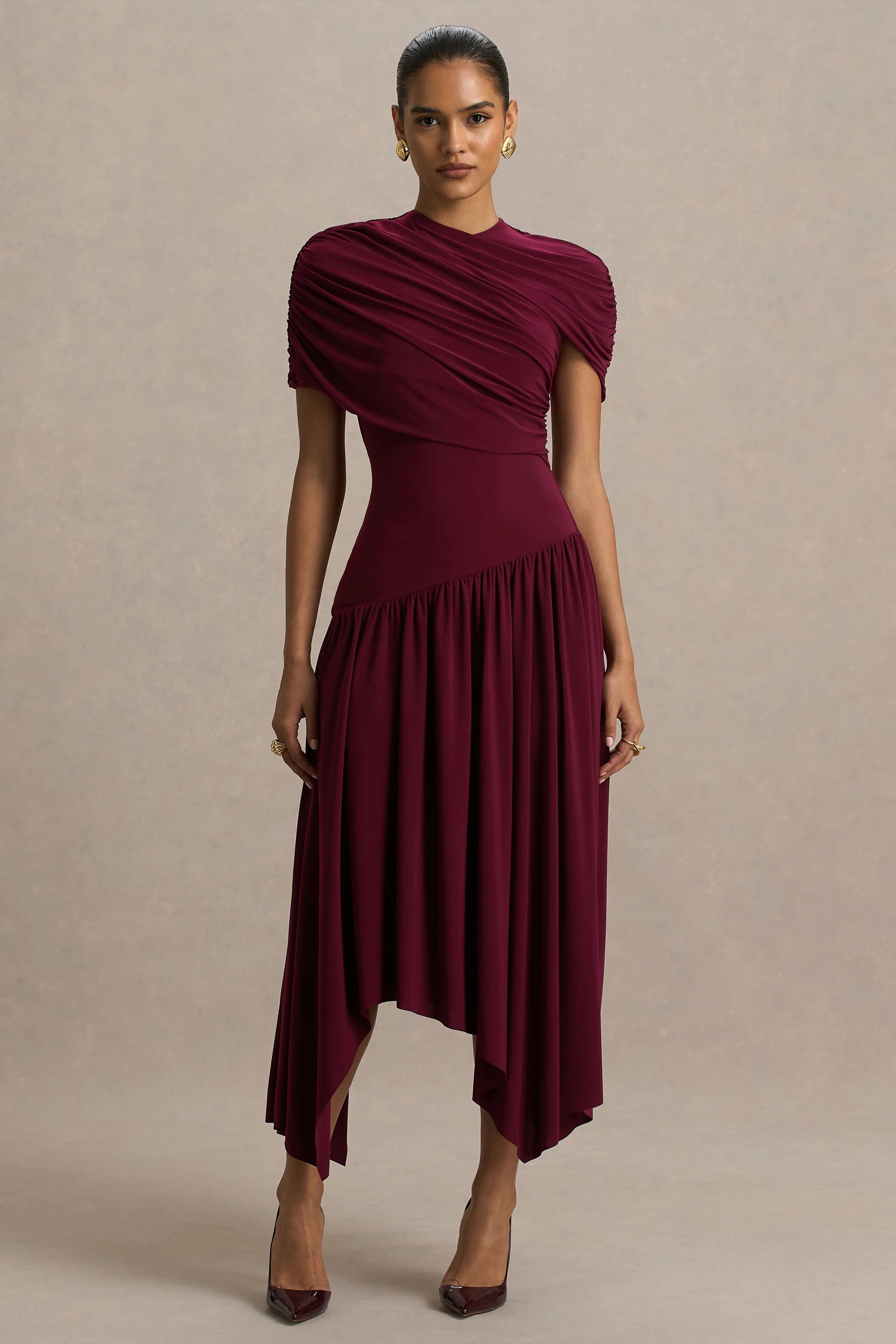 Ione Burgundy Wrapped Midi Dress With Hanky Hem
