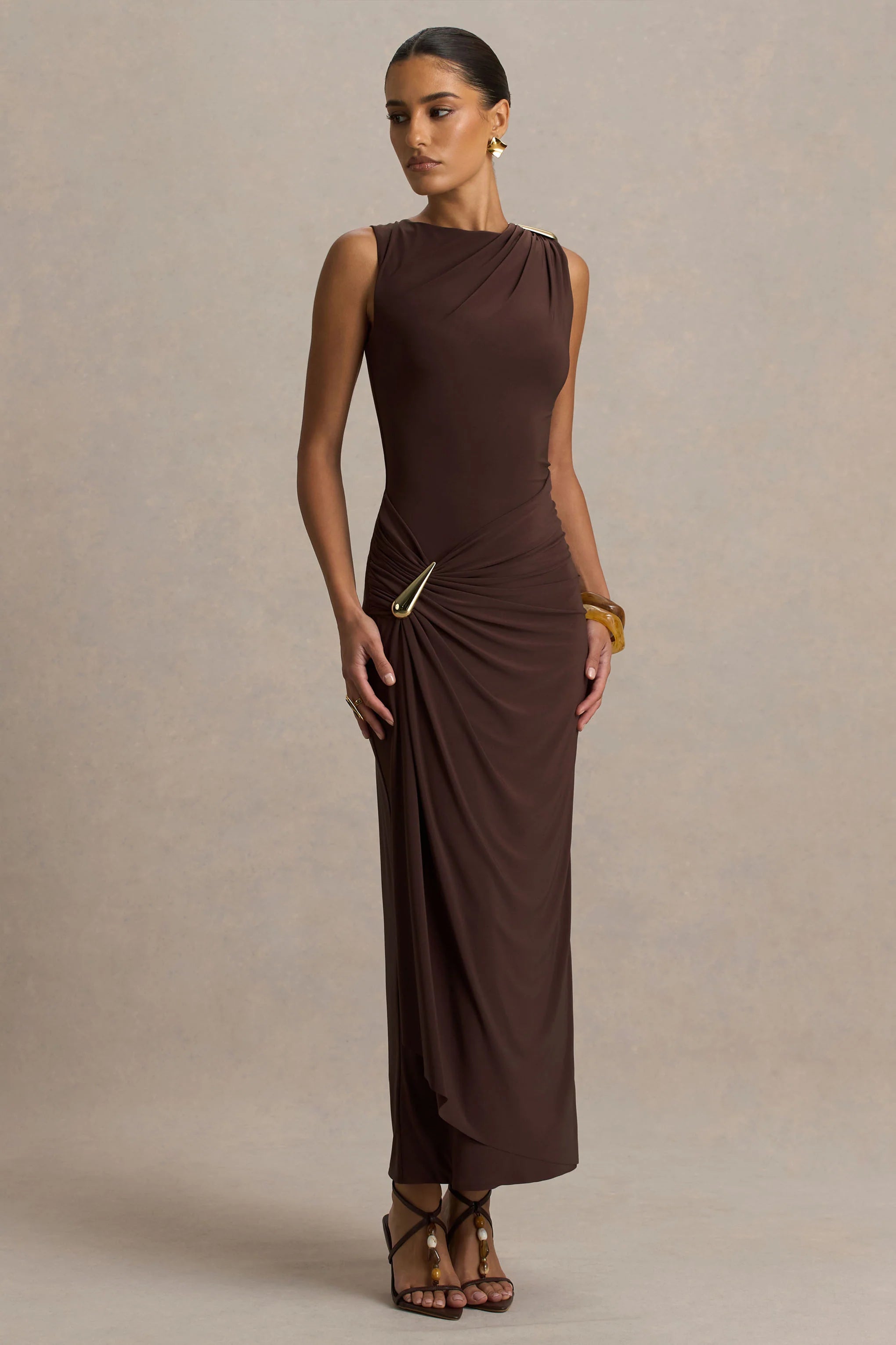 Fiora Brown Wide Neck Maxi Dress With Gathered Detail