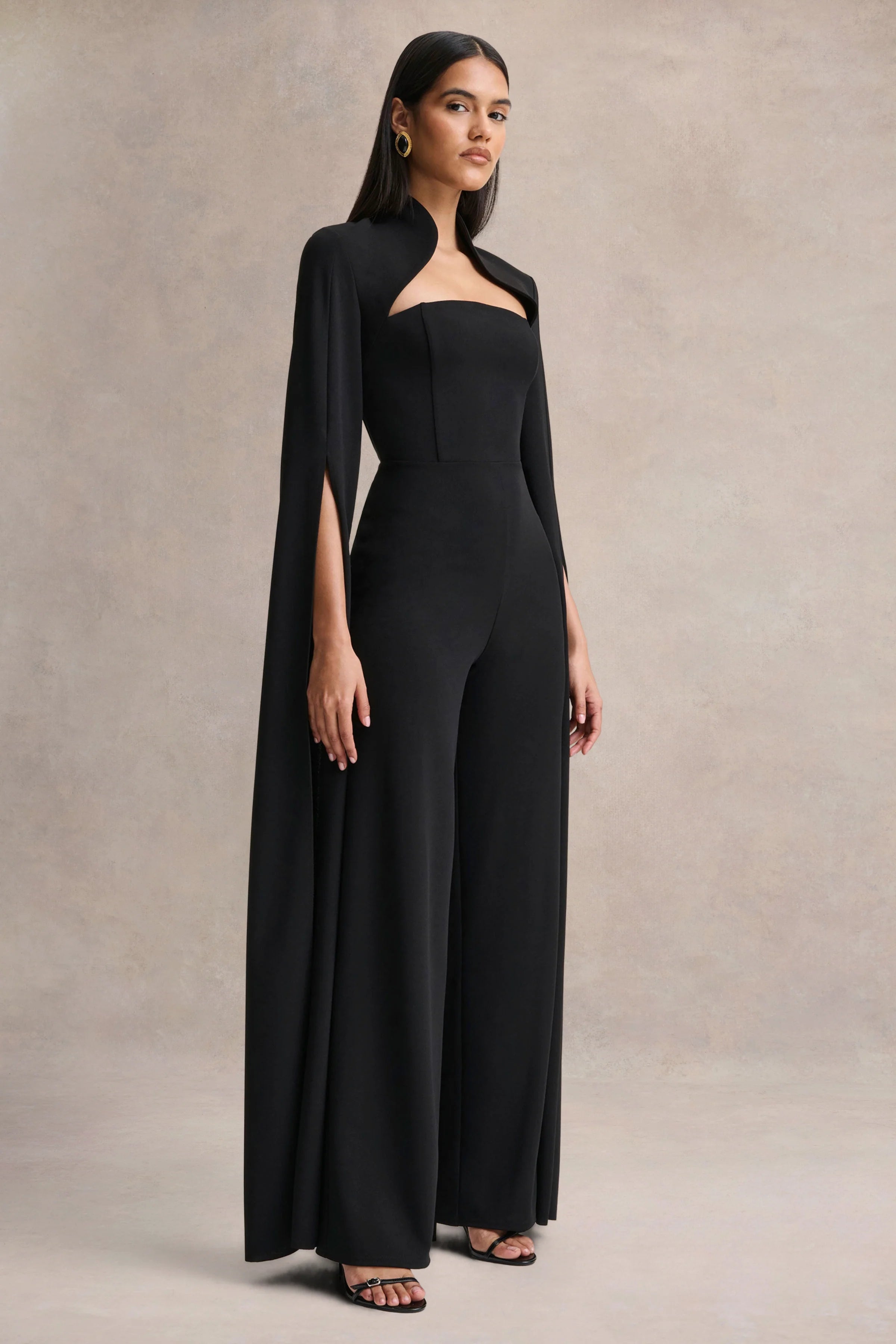 Elisabetta Black Square Neck Jumpsuit With Cape Sleeves