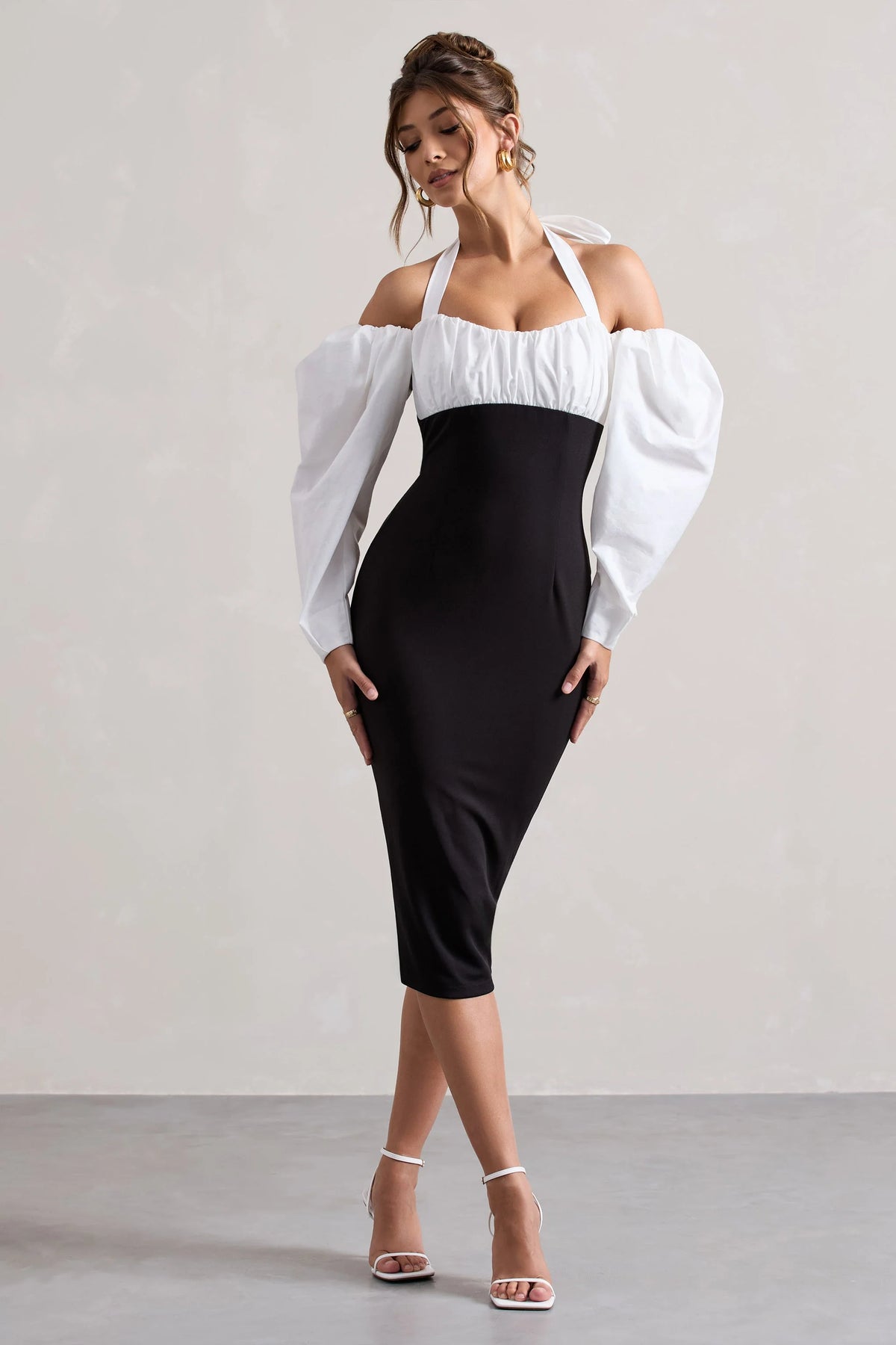 Couture Client Black Halter Neck Puff Sleeve Midi Dress