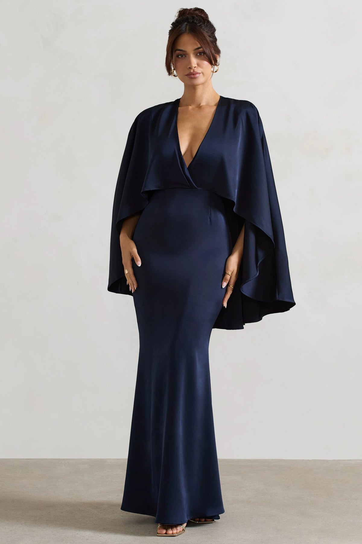 Yasie Navy Satin Plunge Neck Maxi Dress With Cape Sleeves