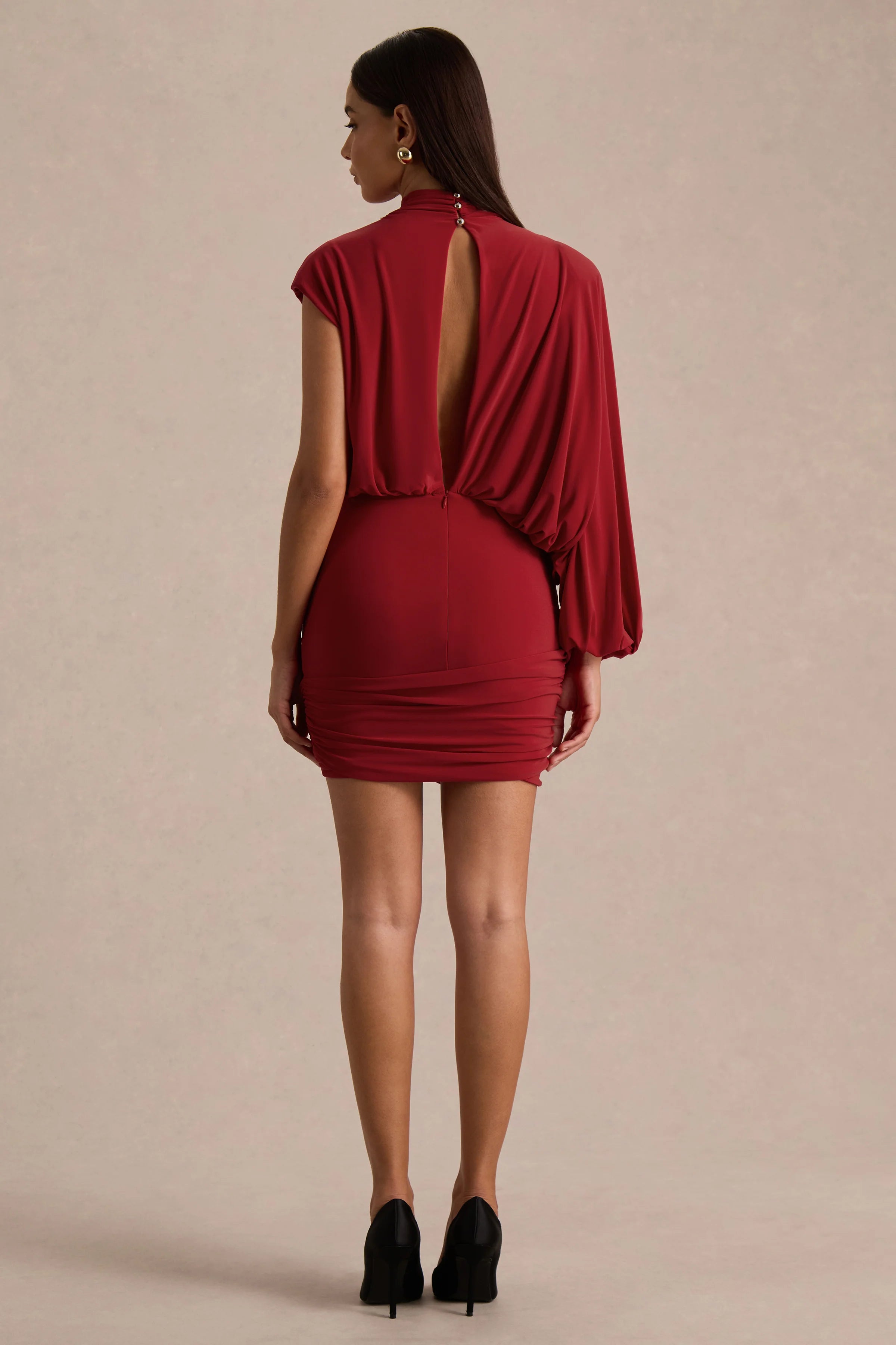 Zelda Red High Neck Mini Dress With One Long Sleeve And Twisted Detail