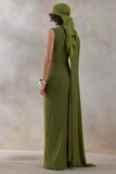 Isdelia Green Asymmetric Neck Maxi Dress With Cape Sleeve