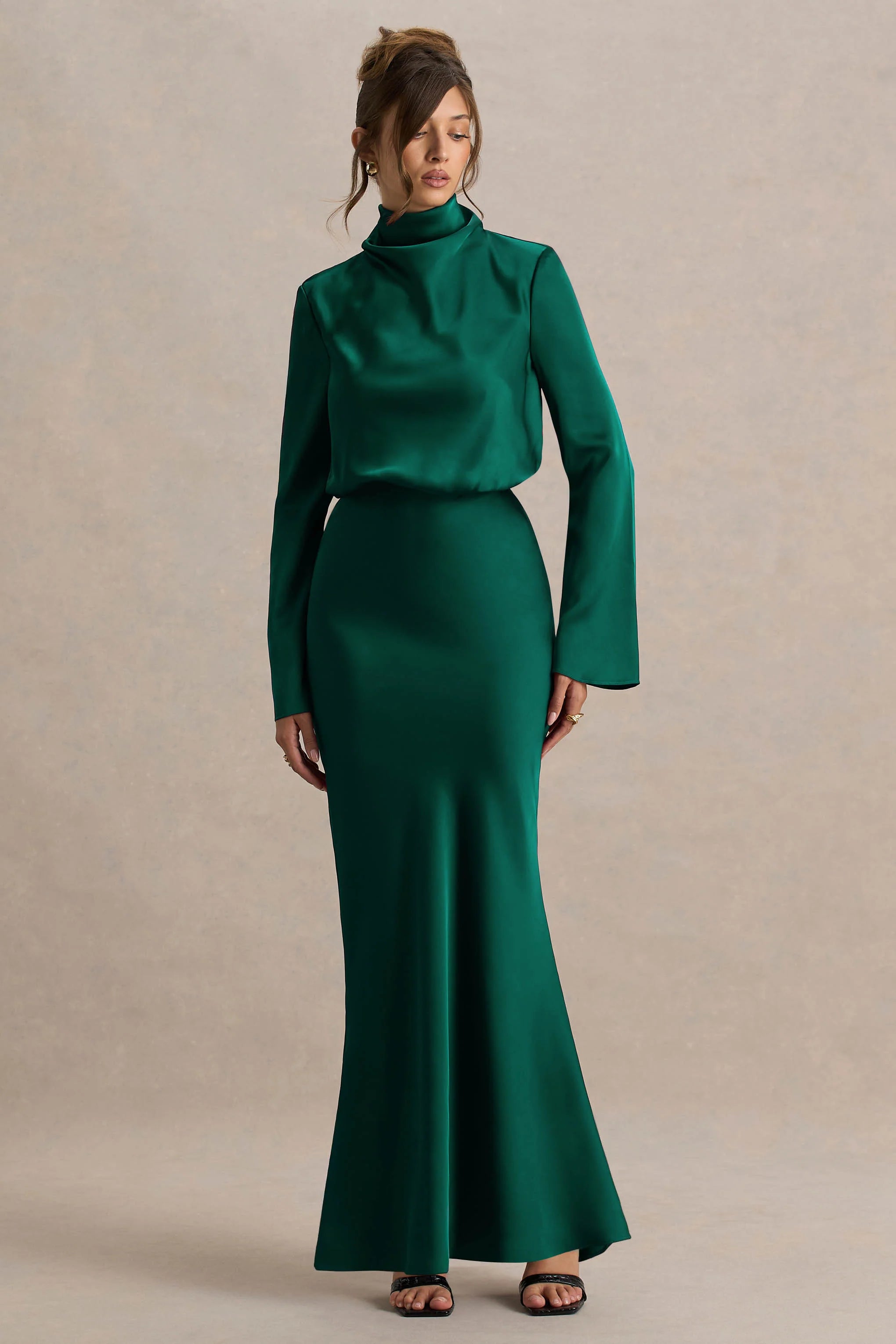Celina Bottle Green Satin High Neck Maxi Dress