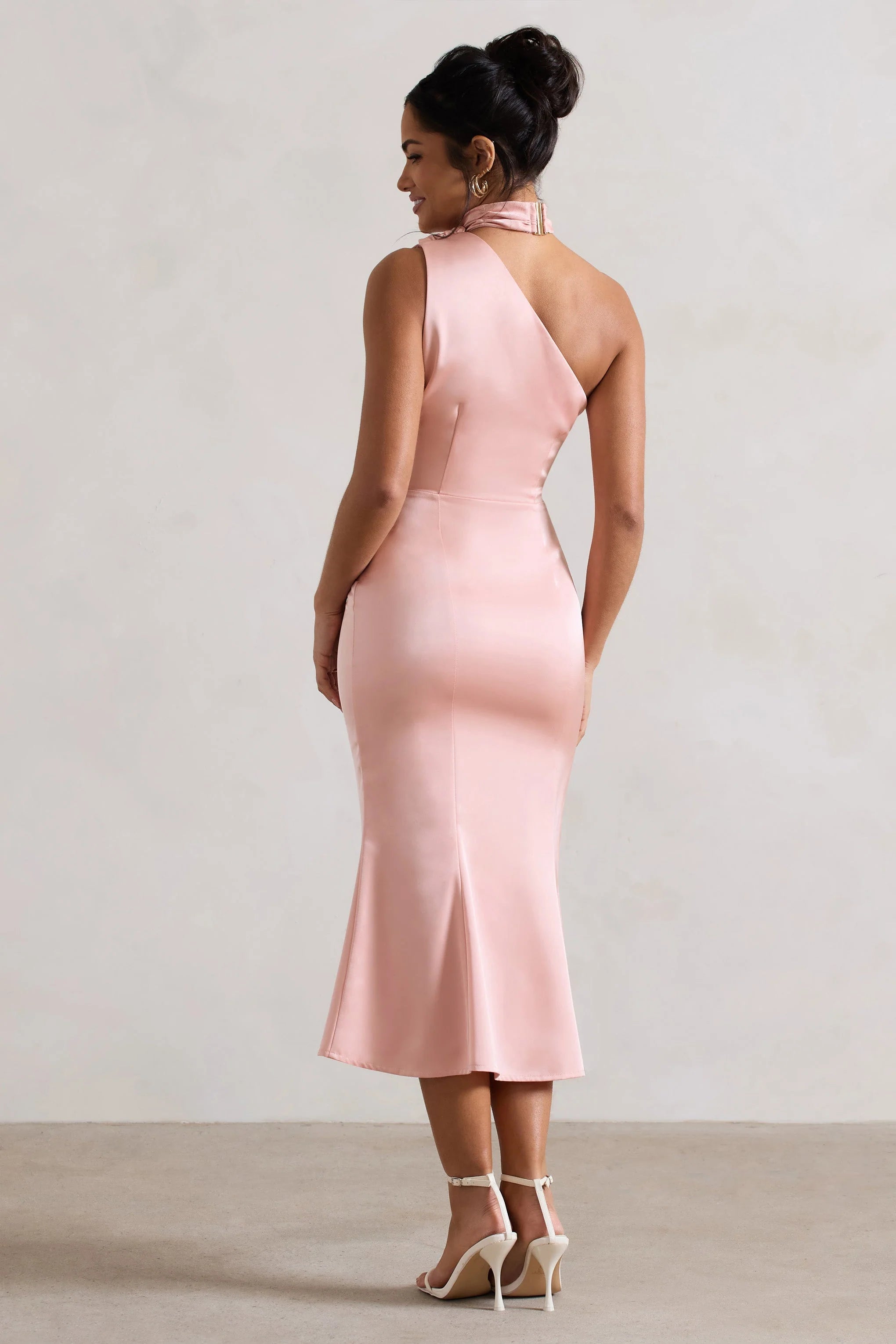 Golden Girl Blush Pink Satin One Shoulder High Neck Flared Midi Dress