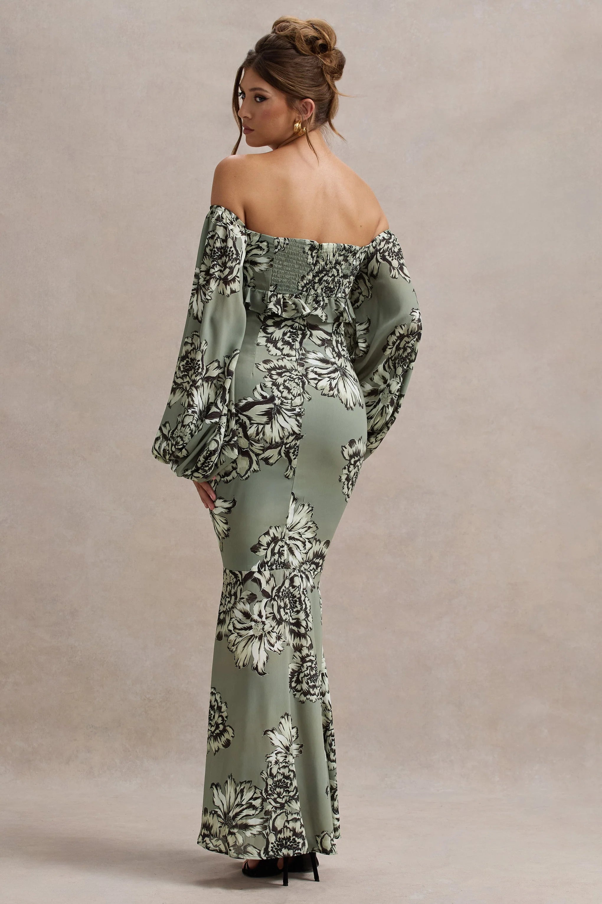 Murcia Olive Floral Print Chiffon Puff Sleeve Button Maxi Dress