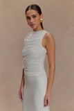 Pruedance Slinky Draped Top With Mesh Overlay White