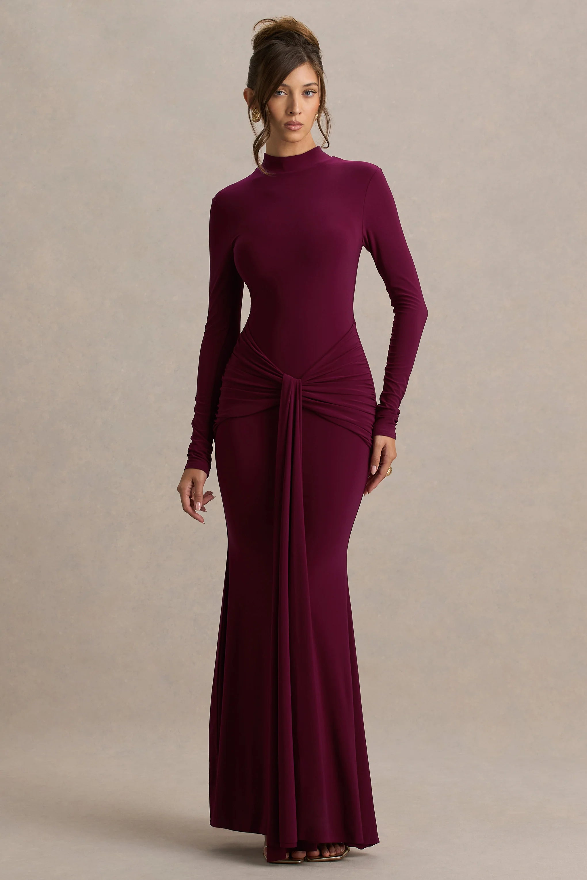 Pietra Berry High Neck Long Sleeve Knot Maxi Dress