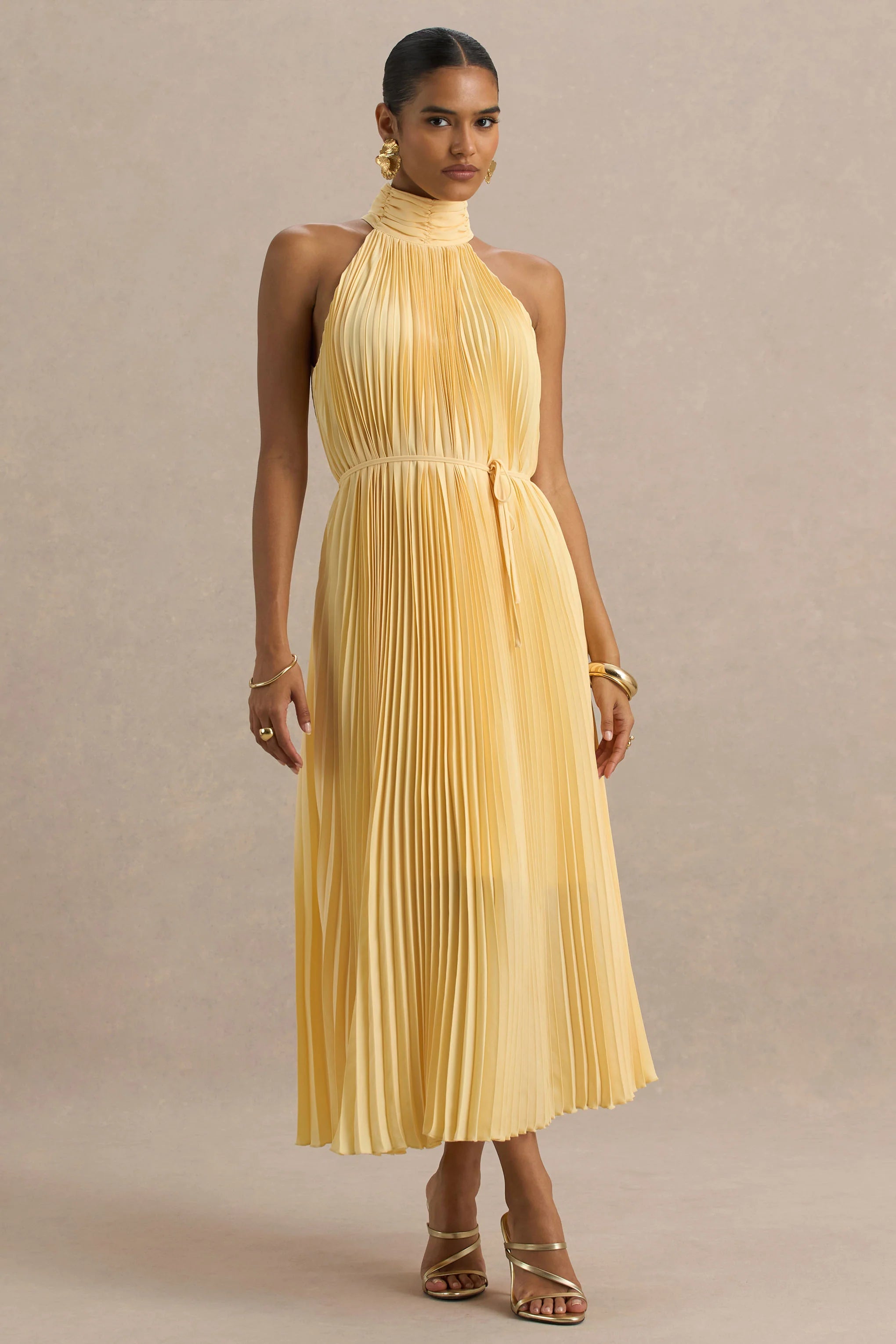 Tulip Lemon Pleated High Neck Midi Dress