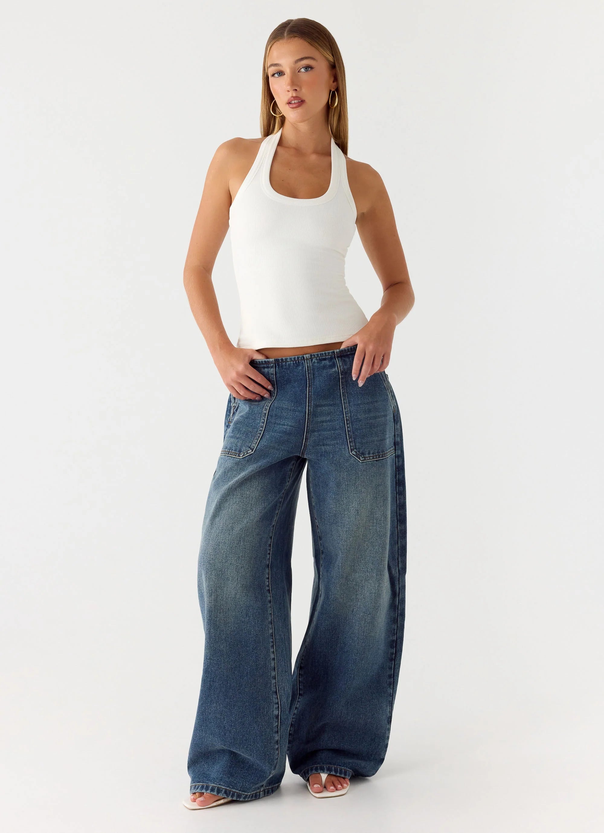 Seethal Low Rise Washed Denim Jeans Mid Wash Blue