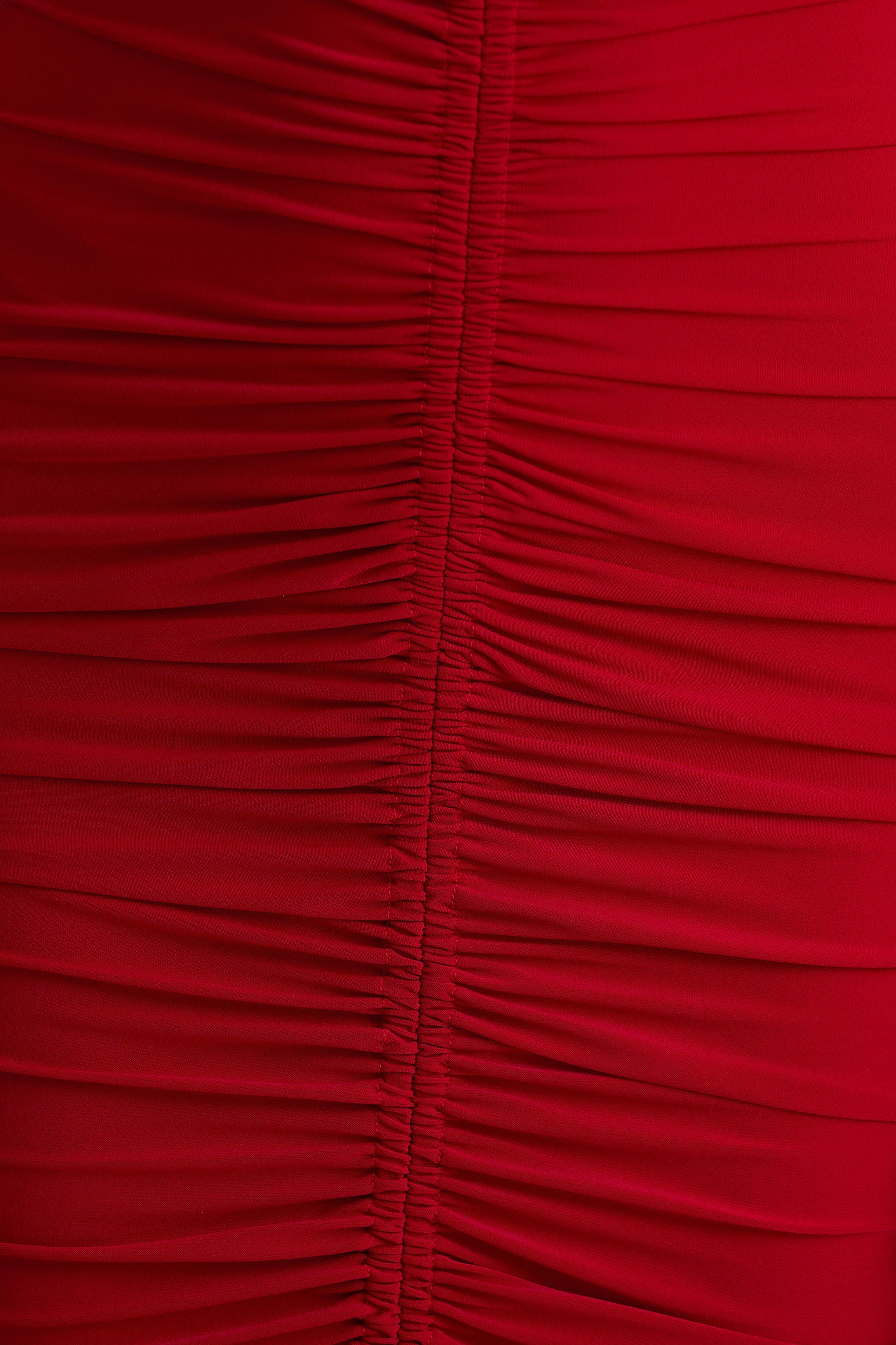 Jewel Red Plunge Neck Maxi Dress With Front Split and Ruched Detailing