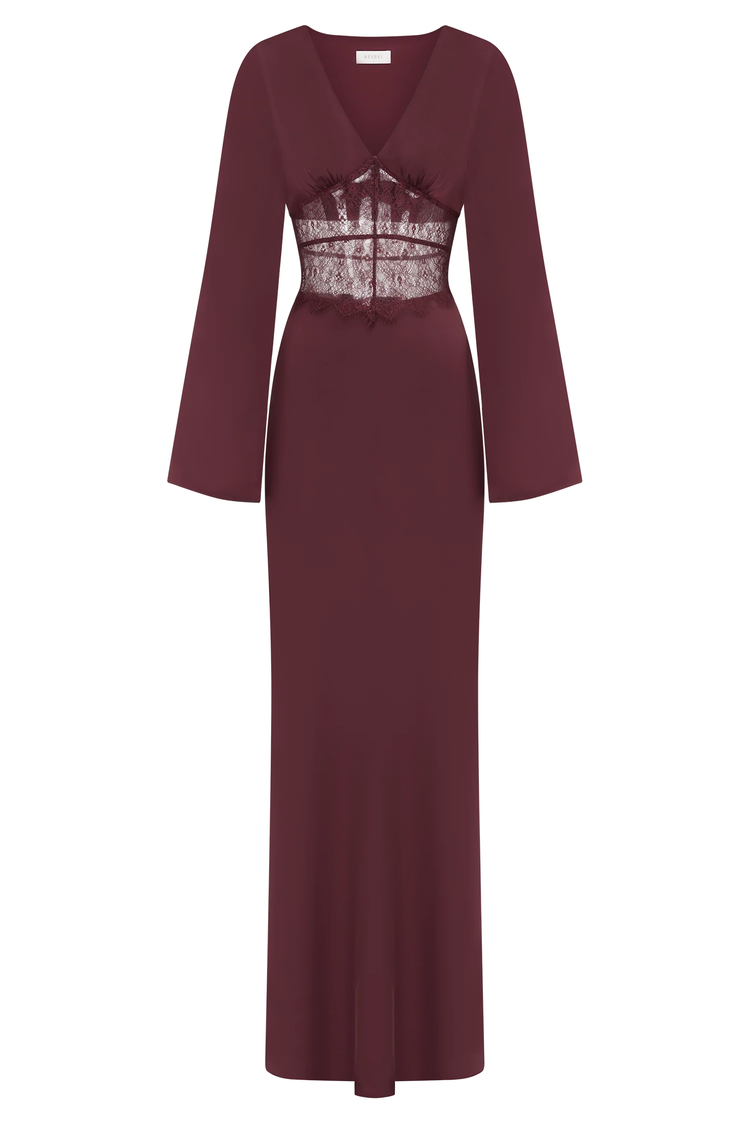 Kaya Long Sleeve Satin And Mesh Maxi Dress Wine