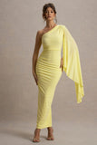 Clementina Lemon Asymmetric Cape Sleeve Maxi Dress