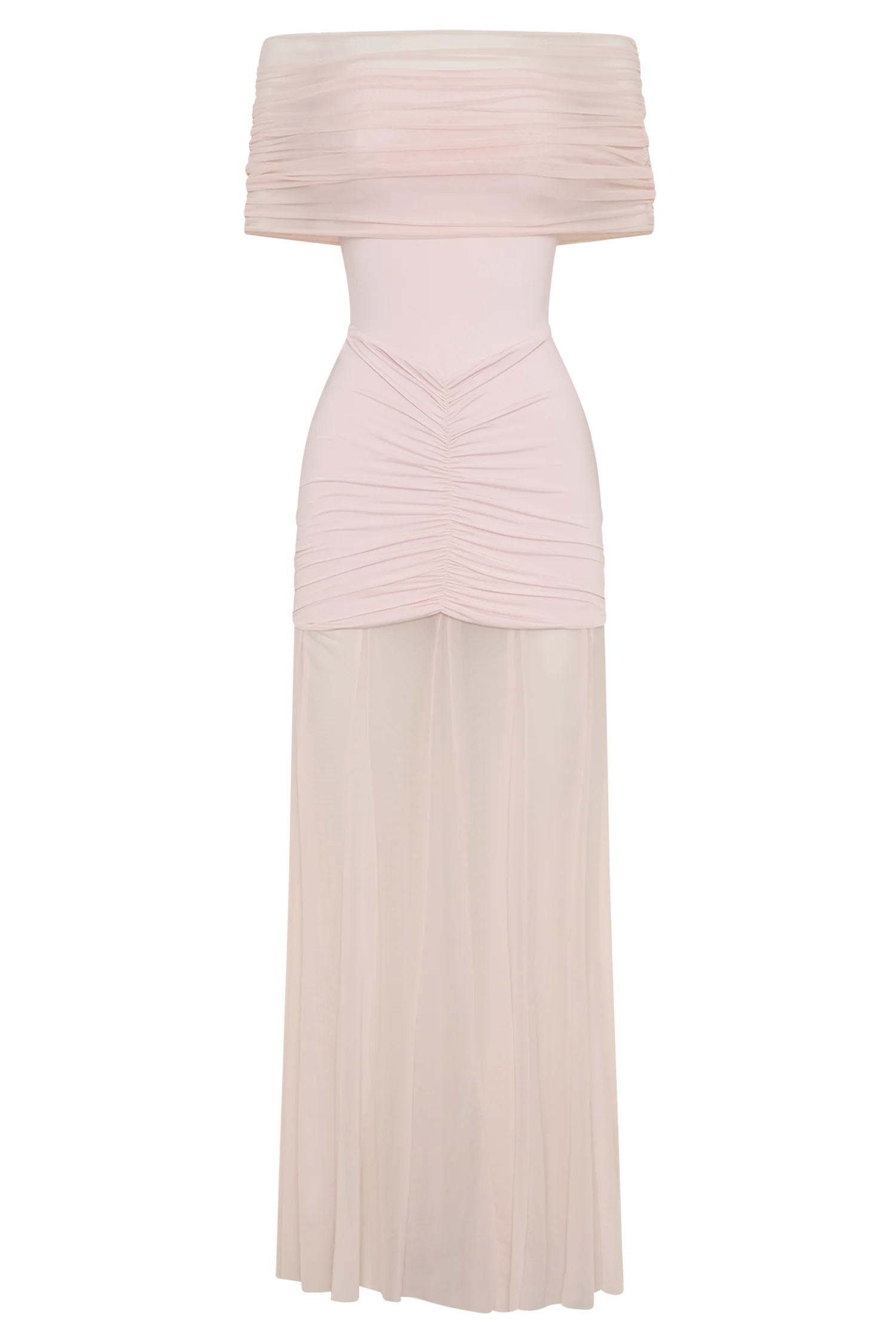 Caspian Slinky And Mesh Off Shoulder Maxi Dress Pale Pink