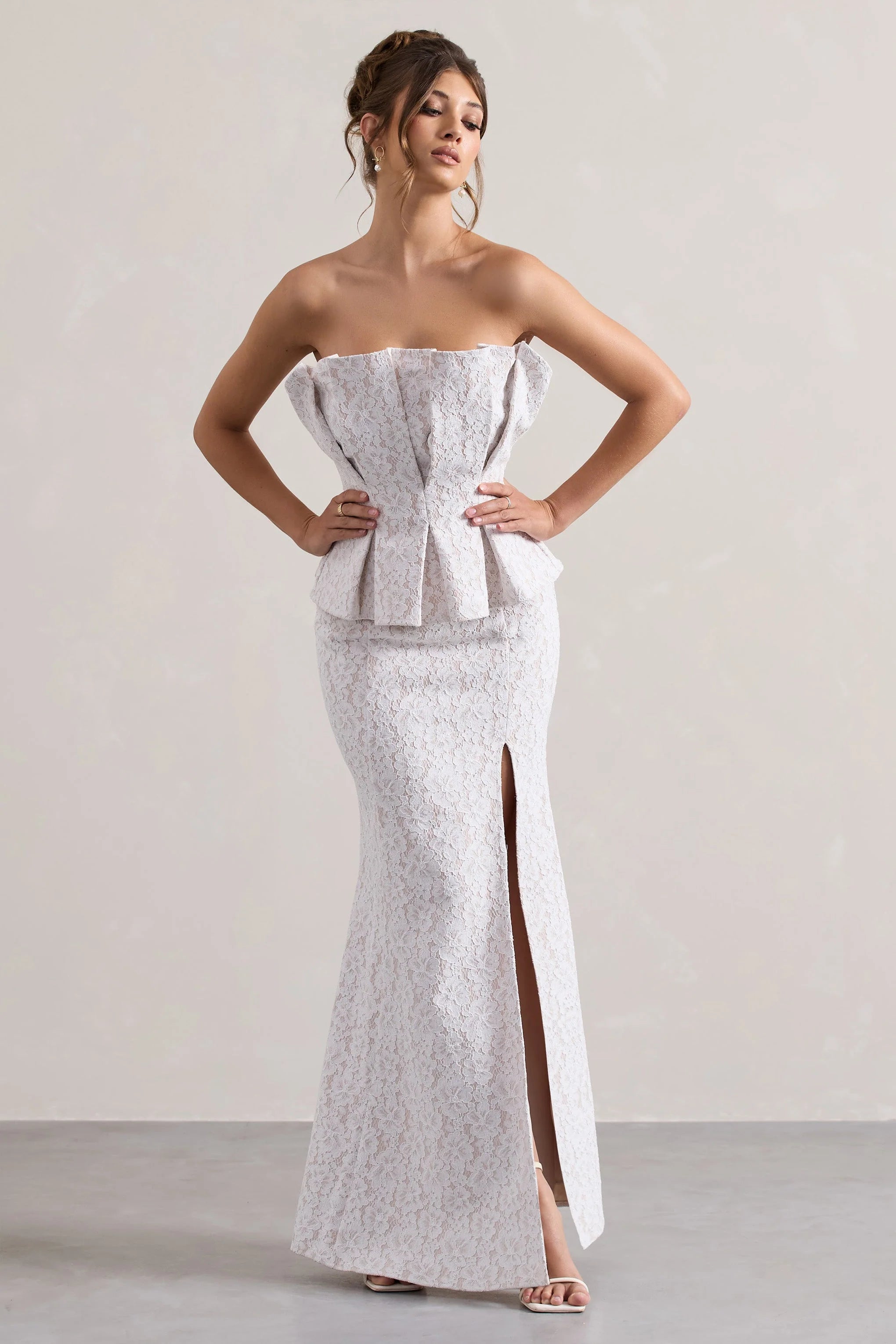 Kaleido White Lace Strapless Ruffled Split Maxi Dress