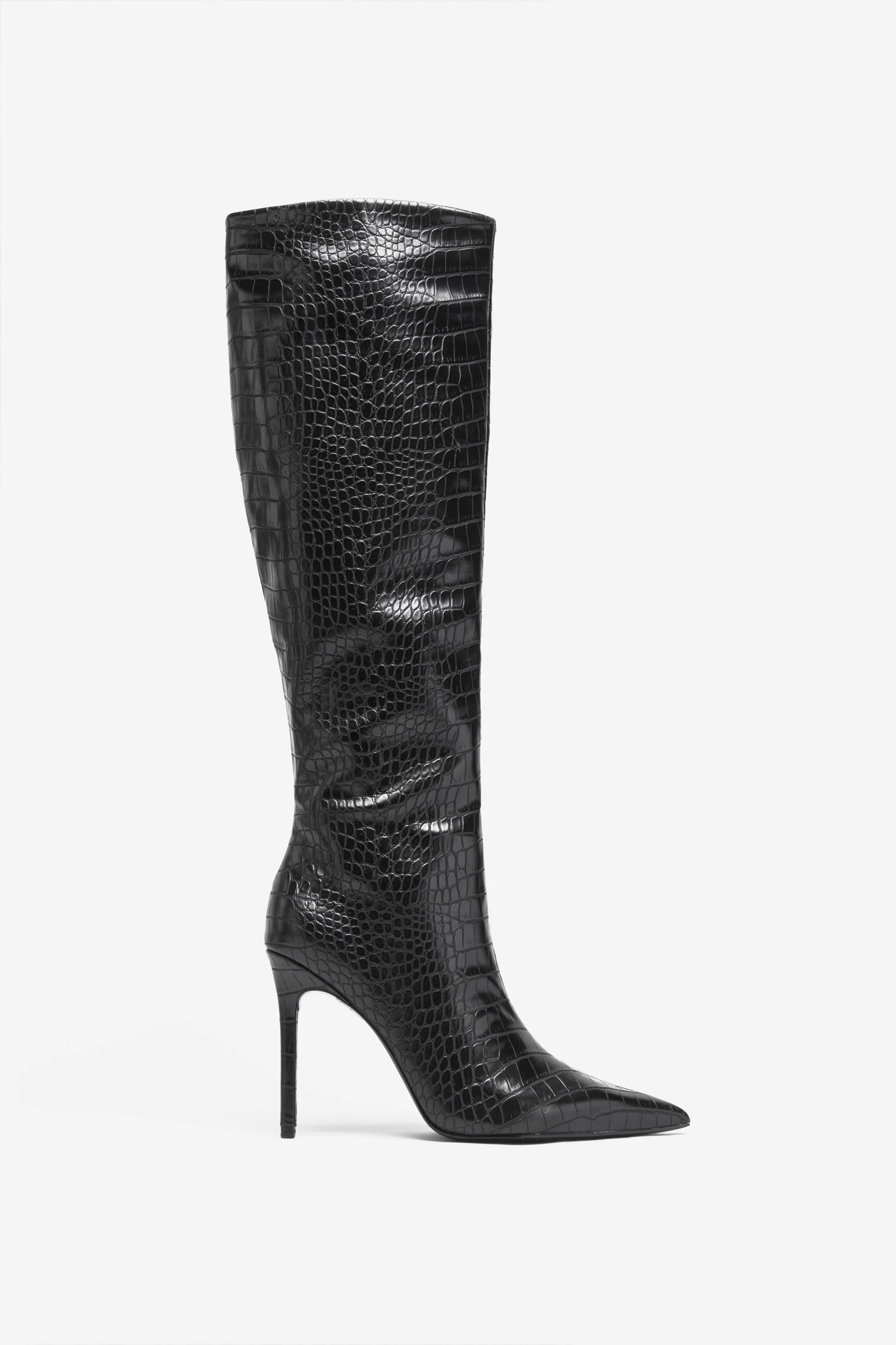 Uptown Black Croc Fitted Over Knee Pointed Heeled Boots