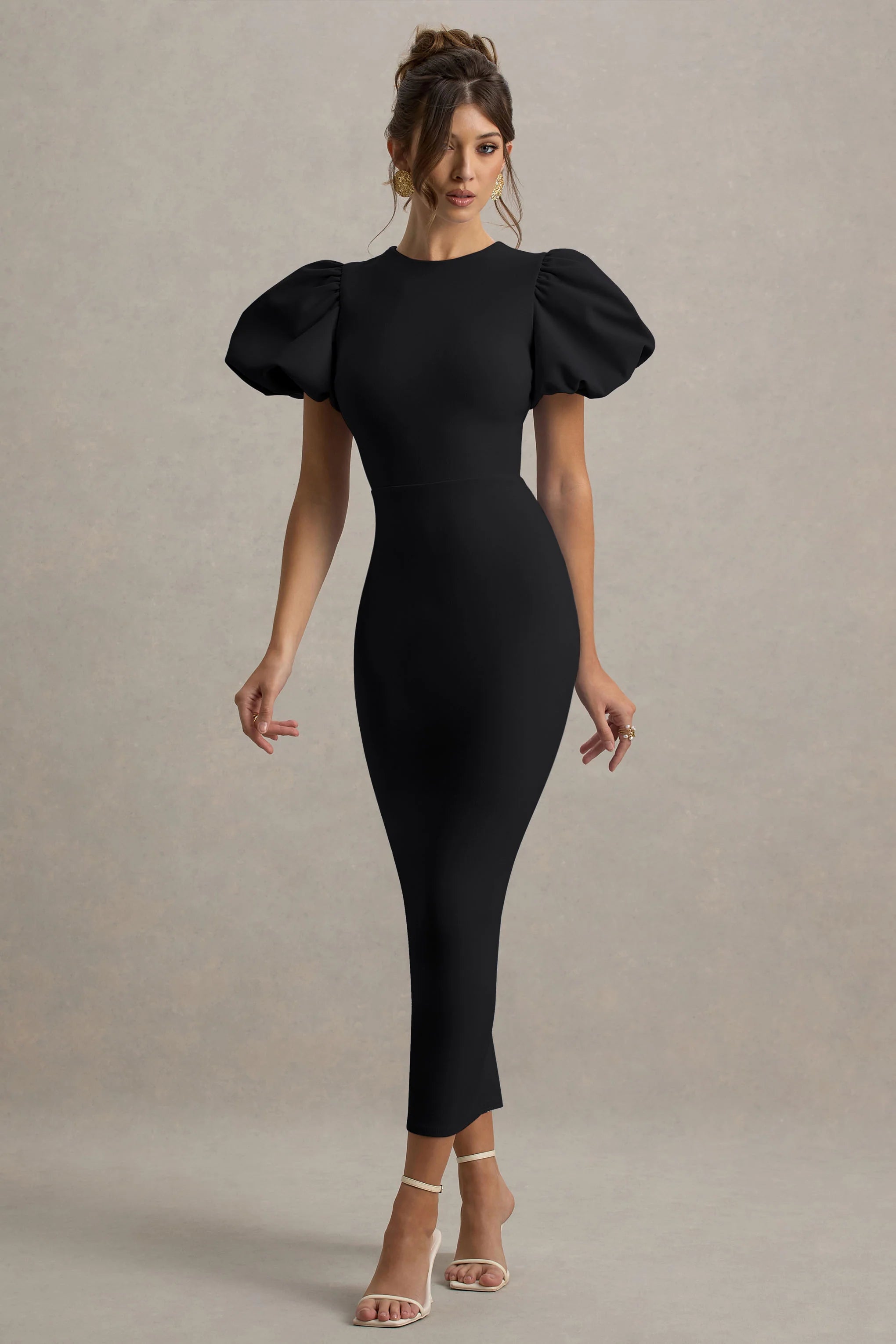 Dakota Black Puff Sleeve Midi Dress