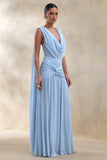 Amelisse Powder Blue Plunge Neck Maxi Dress With Ruched Detailing