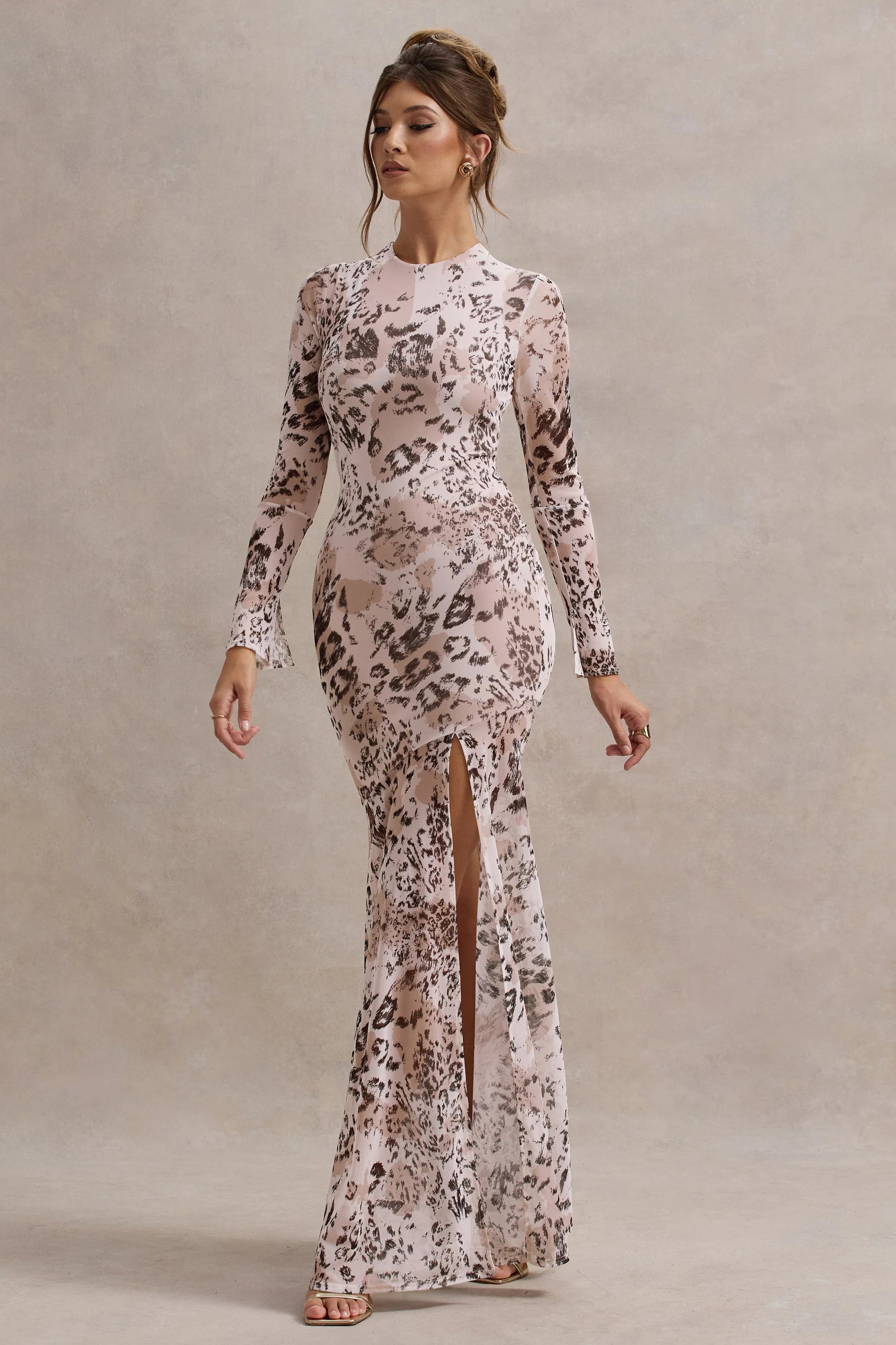 Tigerlily Leopard Print Mesh Long Sleeve Open Back Maxi Dress