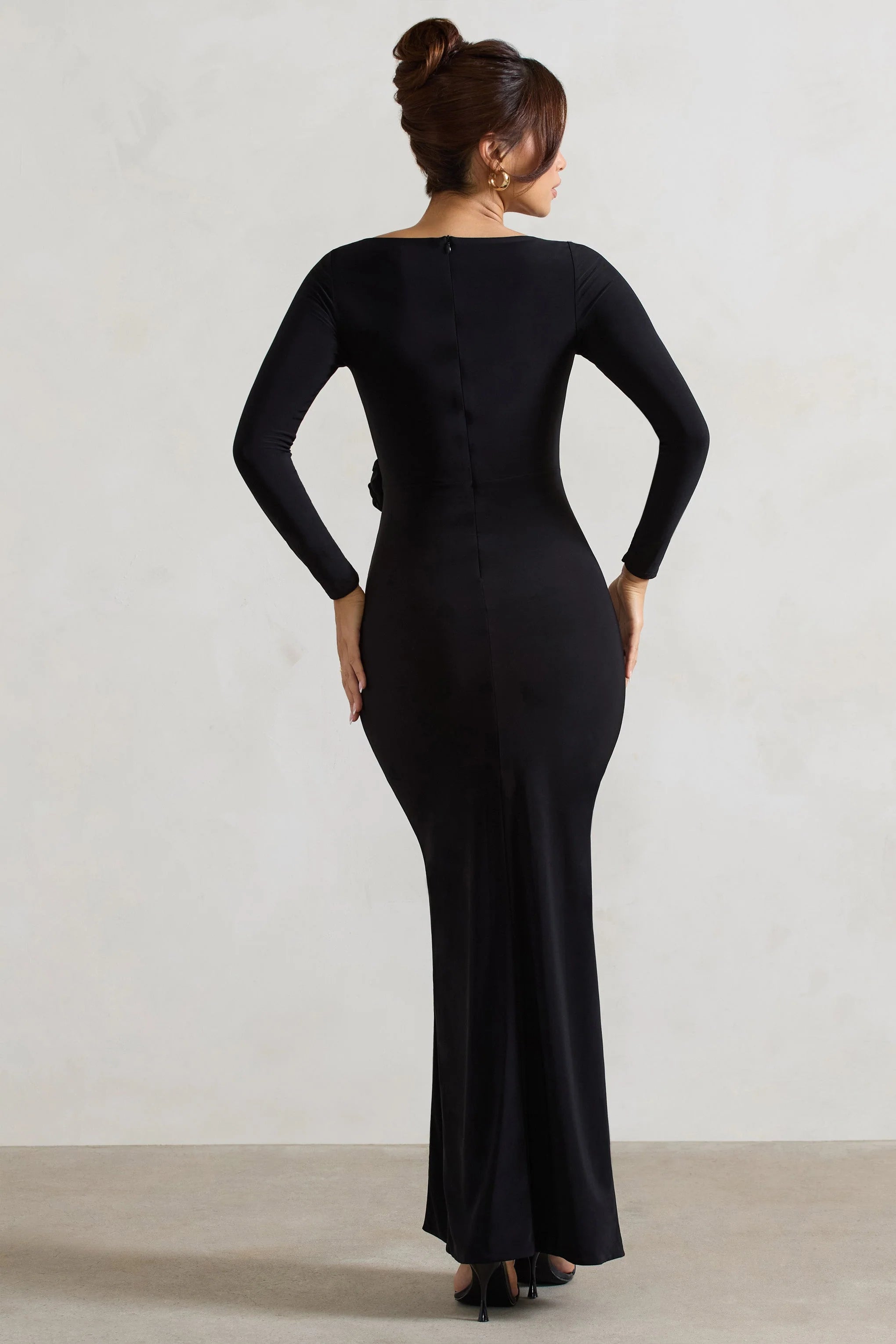 Makayla Black Long Sleeve Wrap Maxi Dress With Corsages