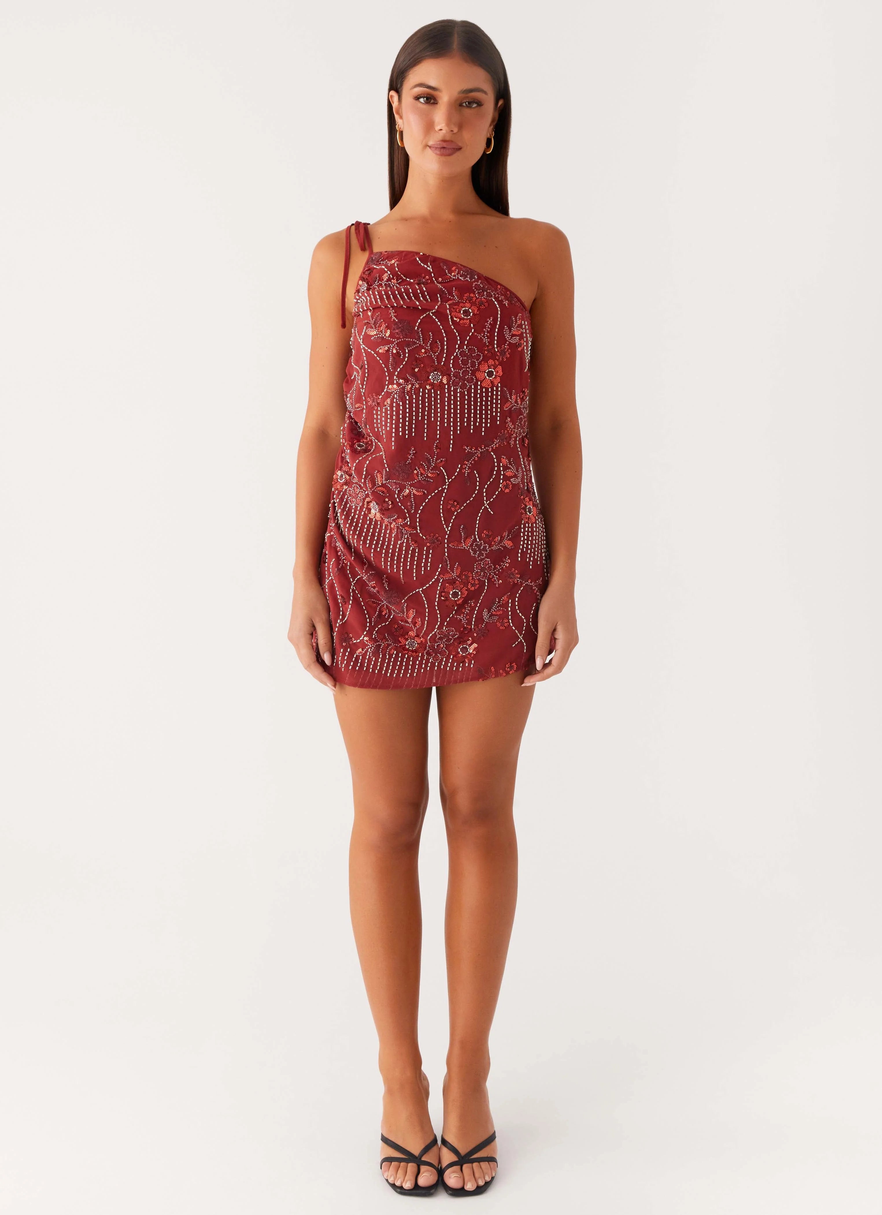 Temptational Beaded One Shoulder Mini Dress Rust