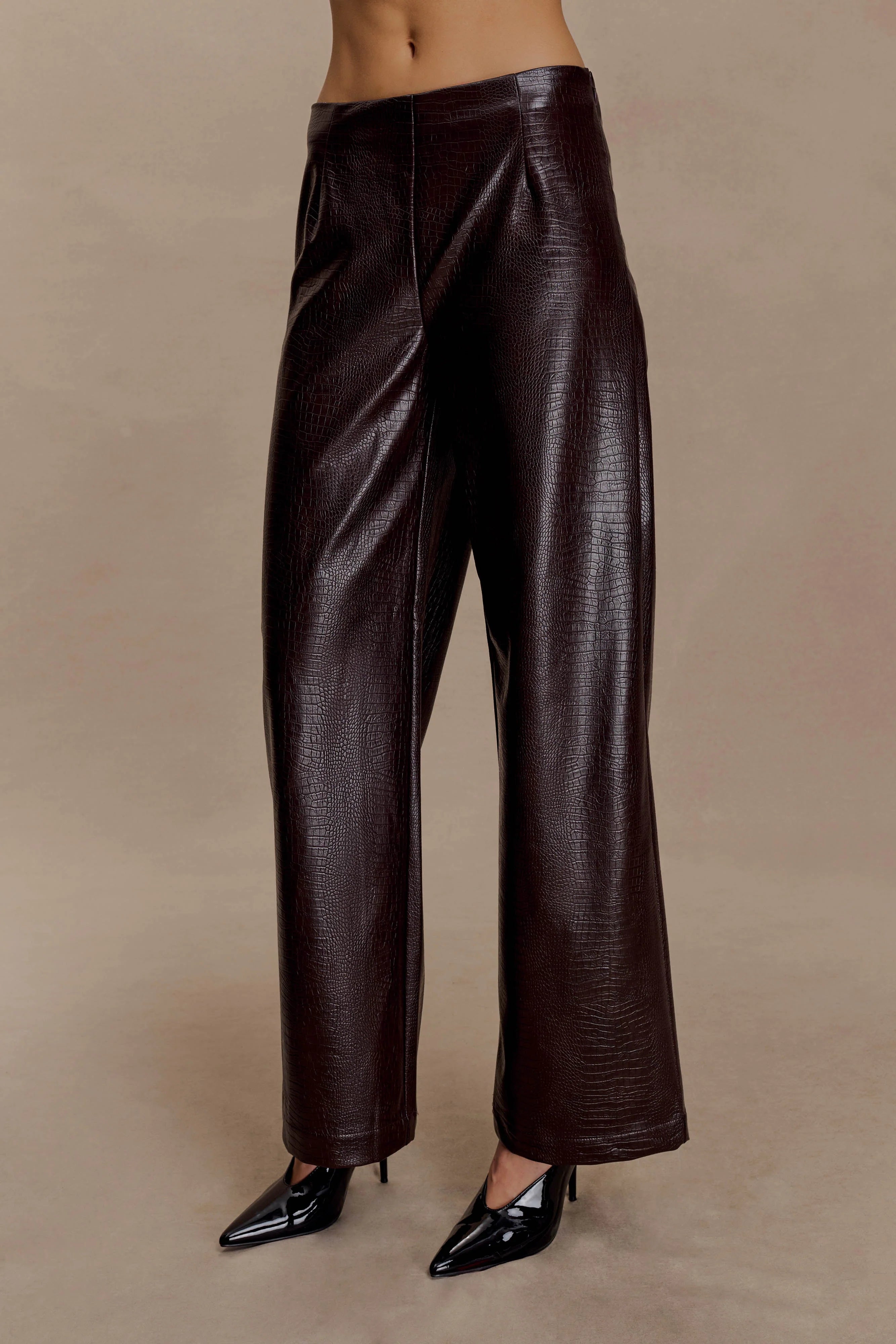 Henry Croc Faux Leather Straight Leg Pants Dark Chocolate