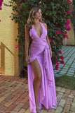 Graziana Satin Chiffon Plunge Maxi Dress - Violet